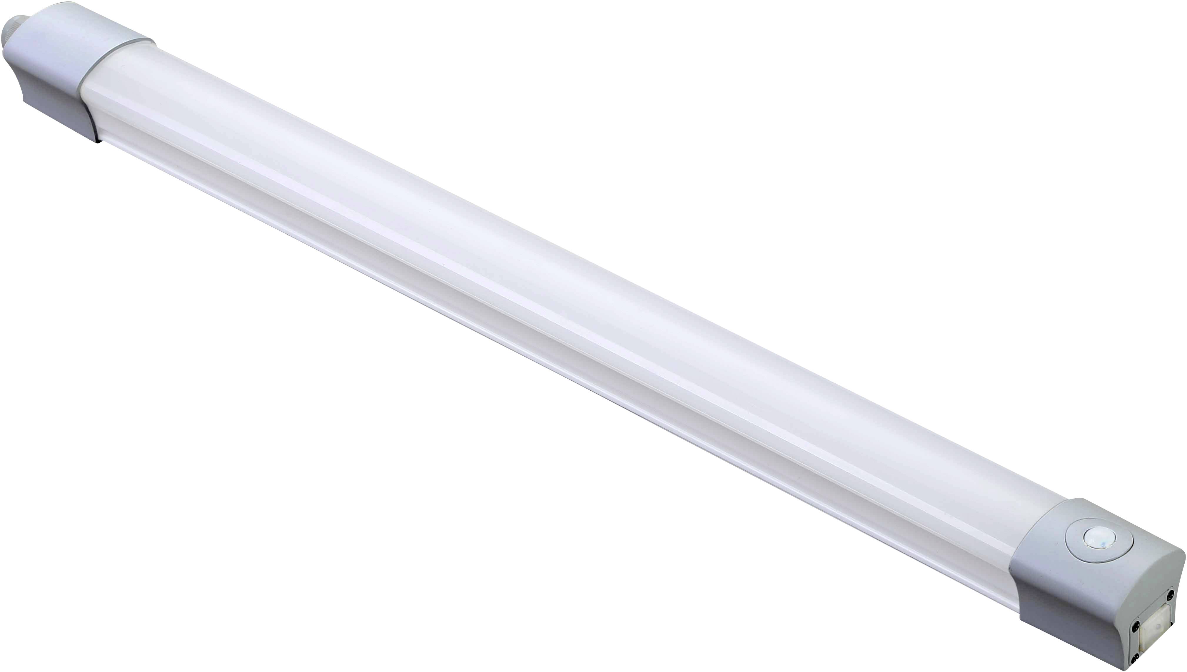 Eine weiße LED-Röhre mit grauen Enden, geeignet für die Deckenmontage, beleuchtet Arbeitsbereiche effizient.