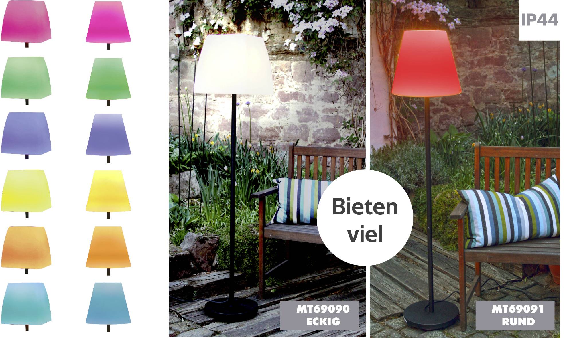 Stehlampen in verschiedenen Farben mit quadratischen oder runden Schirmen, geeignet für den Außenbereich (IP44).