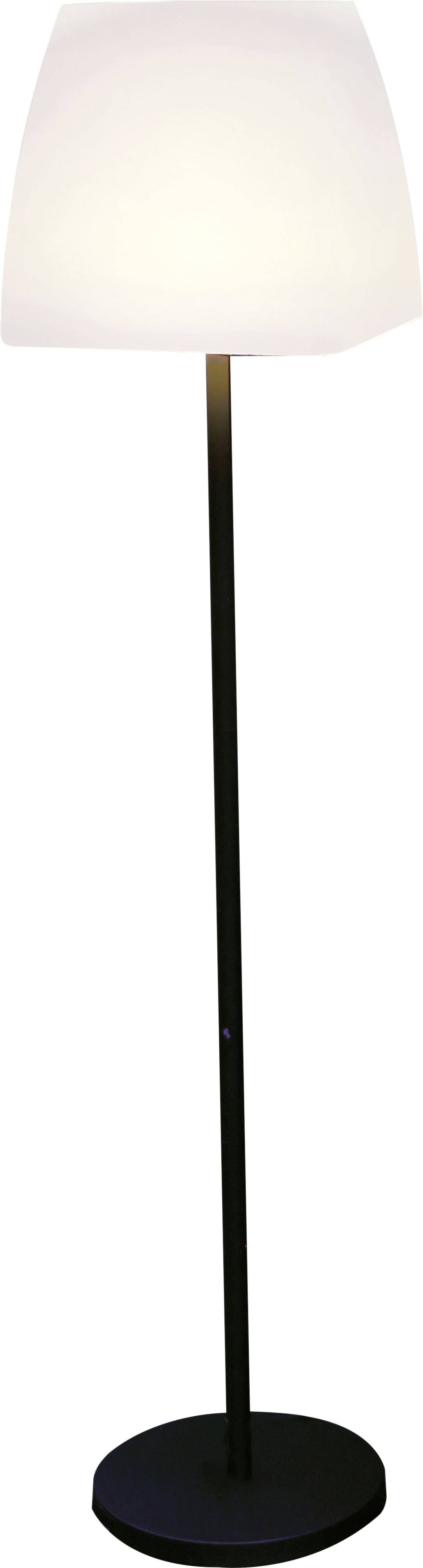 Stehlampe mit schwarzem Ständer und weißem, leicht glühendem Lampenschirm.