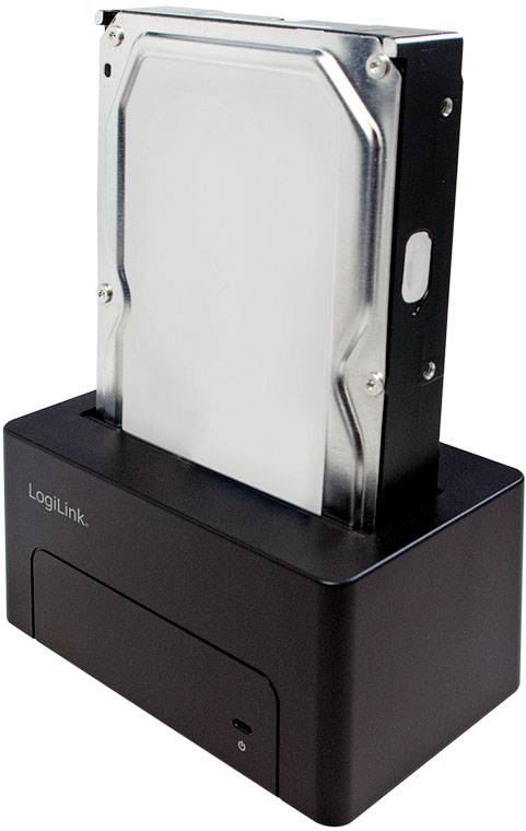 Externe Festplatten-Dockingstation von LogiLink mit eingesetzter interner Festplatte, geeignet für USB-Verbindungen zur Datenspeicherung.