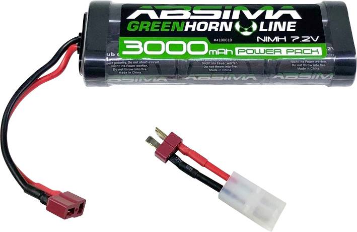 'Akkupack mit Aufschrift ABSIMA GREENHORN LINE NiMH 7.2V 3000mAh Power Pack' und zwei angeschlossenen Drähten.