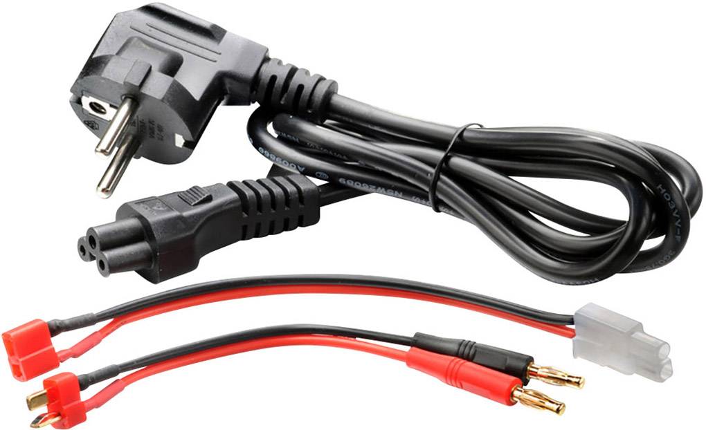 Zwei unterschiedliche Kabel: Ein EU-Netzkabel oben, ein rot-schwarzes Krokodilkabel unten, beide für elektrische Verbindungen.