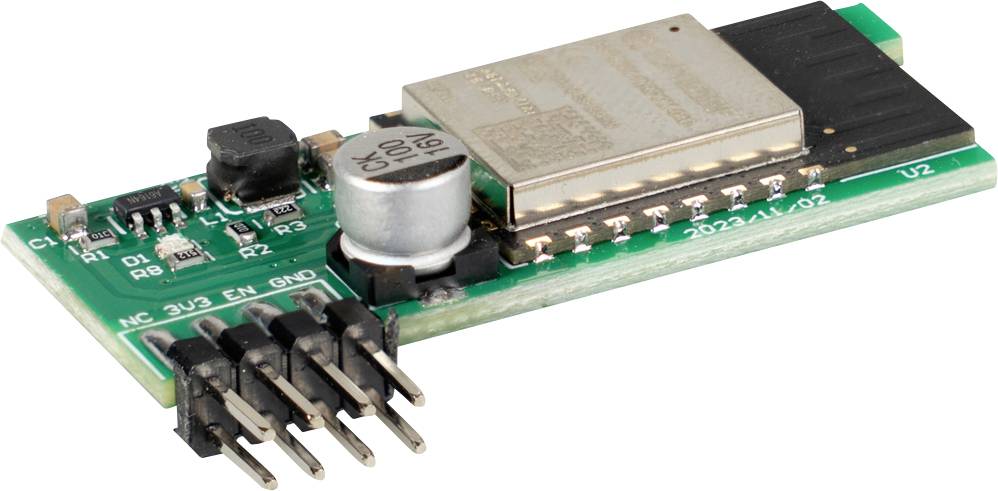 Grünes Leiterplattenmodul mit abgeschirmtem Metallchip und Stiftleisten-Steckverbindern, dargestellt auf weißem Hintergrund.