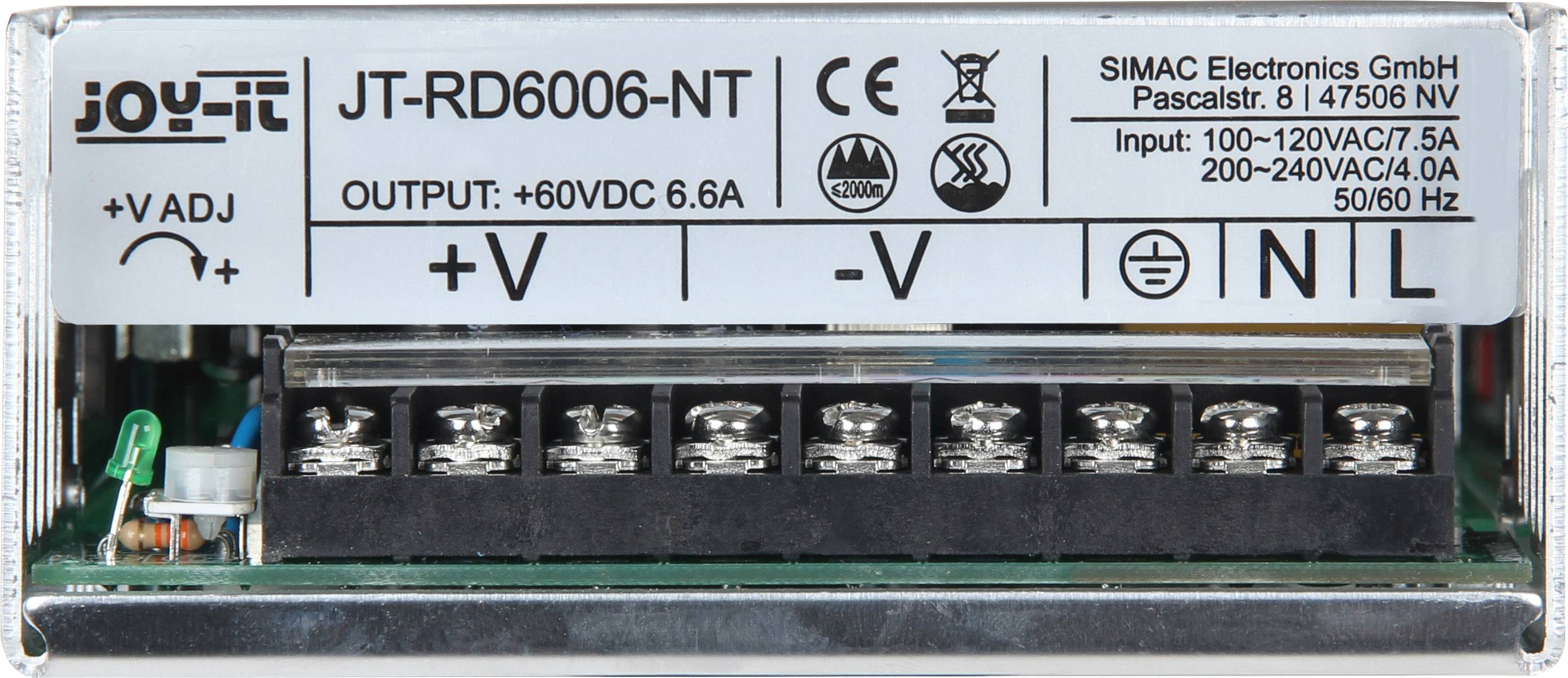 Netzteil-Modul 'JT-RD6006-NT', zeigt Anschlüsse: '+V', '-V', 'I', 'N', 'L'. Eingänge: 100–120VAC/7.5A, 200–240VAC/4.0A bei 50/60Hz, Ausgang: +60VDC 6.6A.