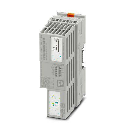 Ein graues elektrisches Modul mit Lüftungsschlitzen und Anschlüssen. Ein orangefarbener Hebel ist oben sichtbar.