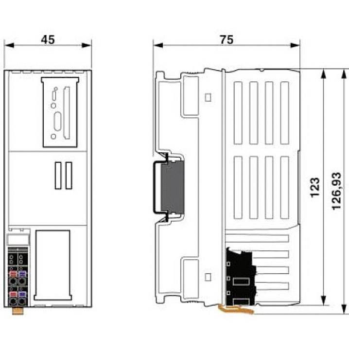 Diagramm eines elektronischen Geräts mit Maßen: Breite 45 mm, 75 mm; Höhe 123 mm, 126,93 mm. Zeigt Vorder- und Seitenansicht.