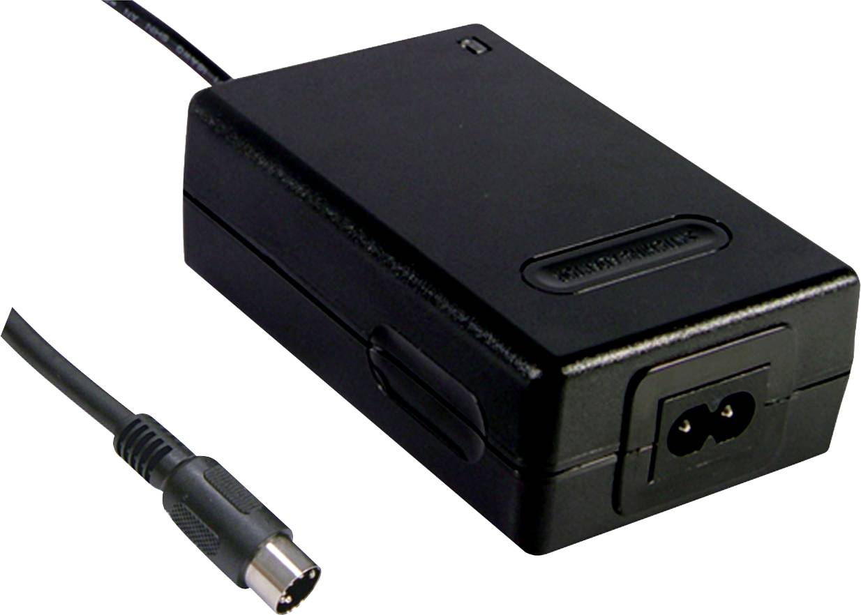 Schwarzes Laptop-Ladegerät mit Netzkabel und Stecker, bereit zur Verwendung.