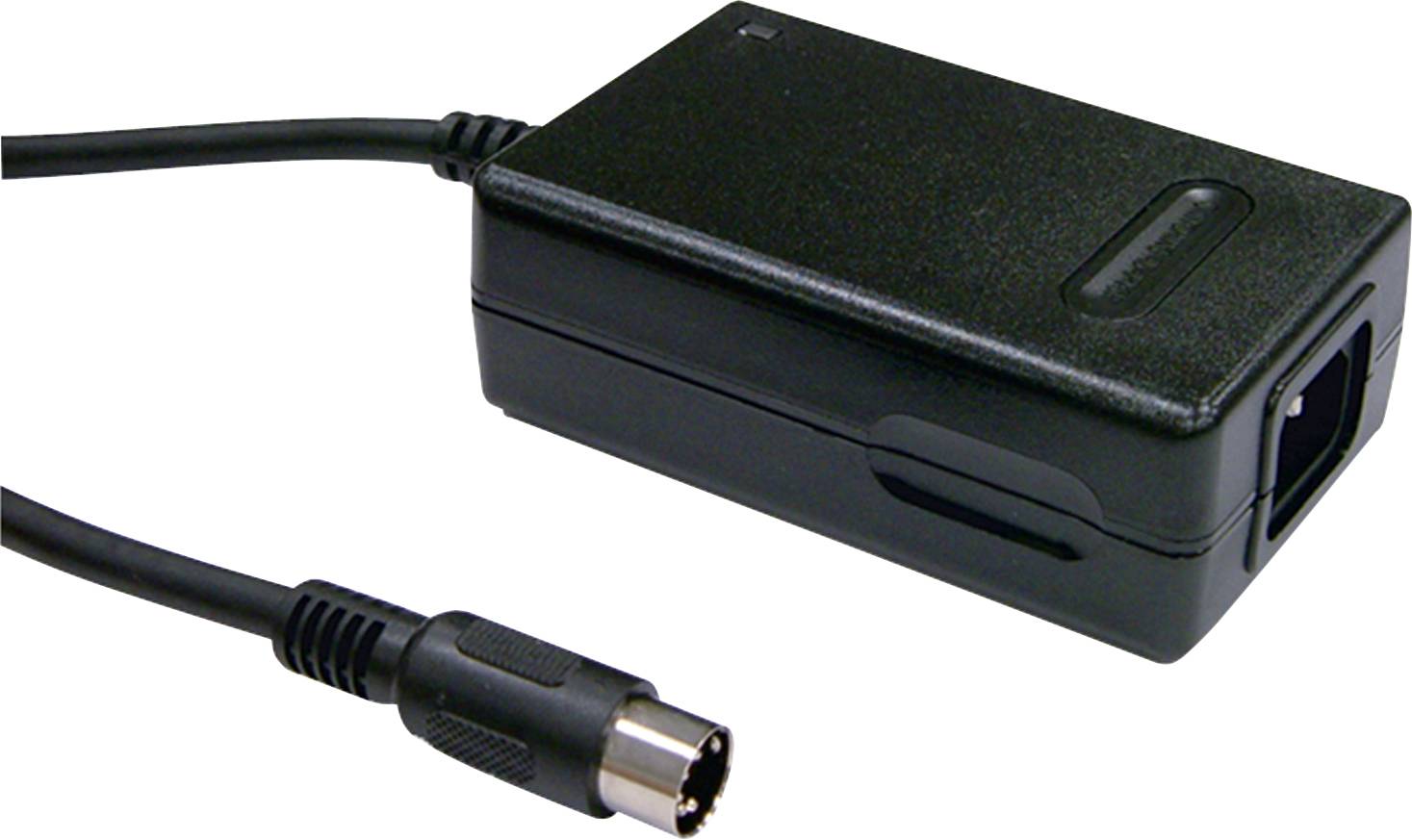 Schwarzes Netzteil mit Kabel, rechteckige Form, Anschlussstecker an der Seite.
