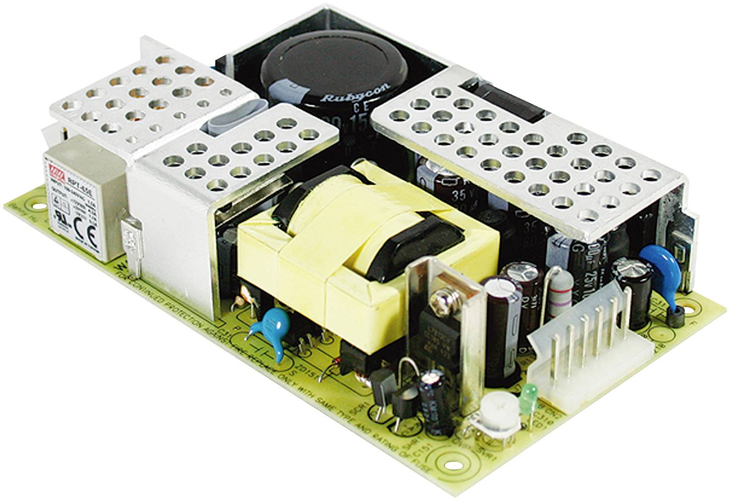 Eine elektronische Leiterplatte mit verschiedenen Komponenten, darunter Kondensatoren, Spulen und Steckverbinder, zeigt das Innenleben eines Netzteils.