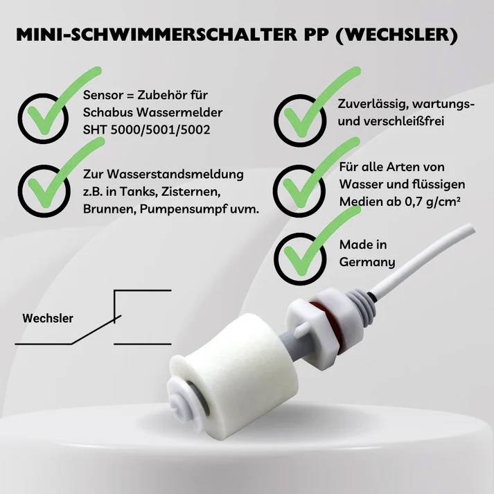 Tauchfester Schwimmschalter aus PP, ideal für Wasser- und Flüssigkeitsmeldungen. Wartungsfreie, zuverlässige Sensorlösung.