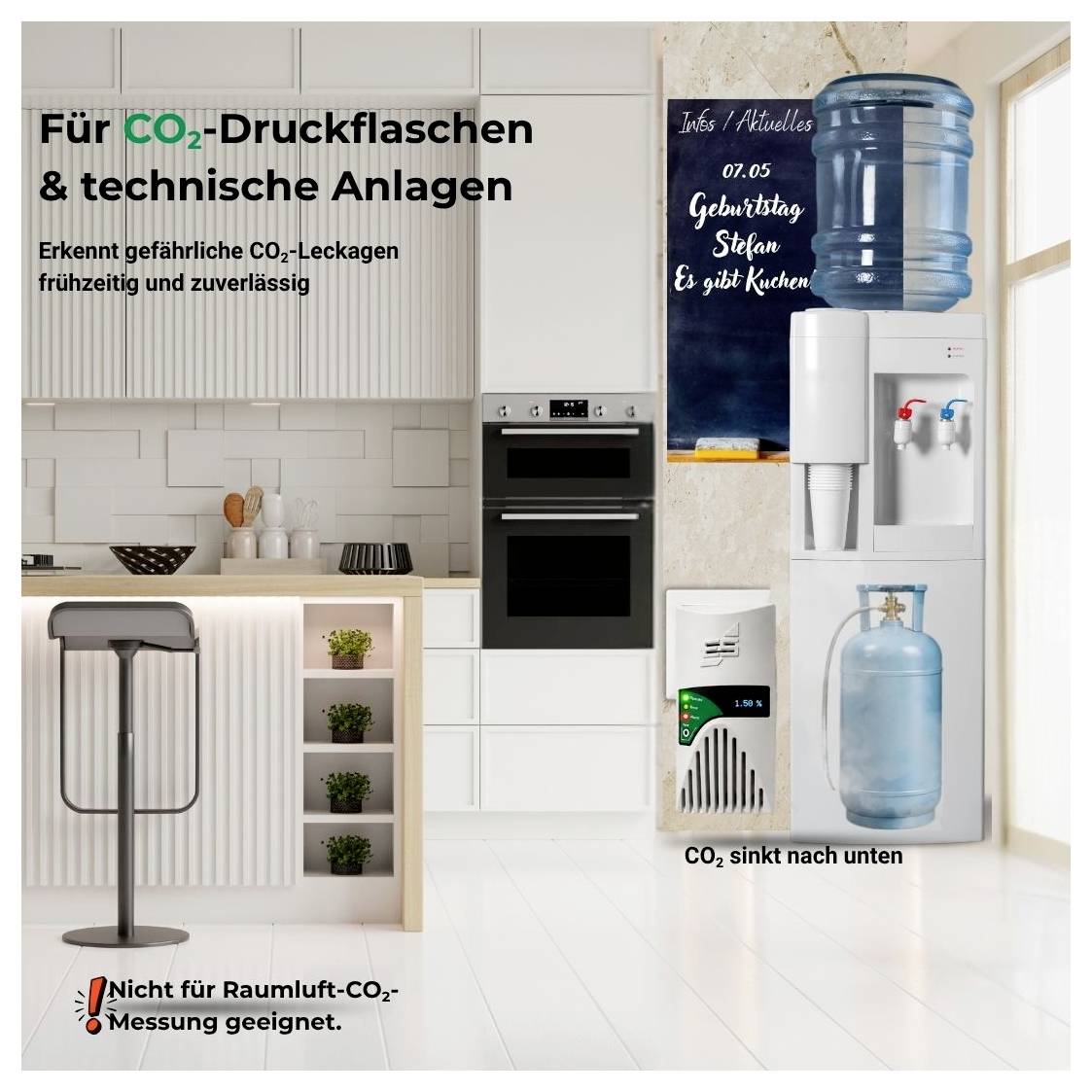 Werbeanzeige für CO₂-Druckflaschen und technische Anlagen; zeigt frühe Erkennung gefährlicher CO₂-Leckagen, Hinweis: nicht für Raumluft-CO₂-Messung geeignet, CO₂ sinkt nach unten.