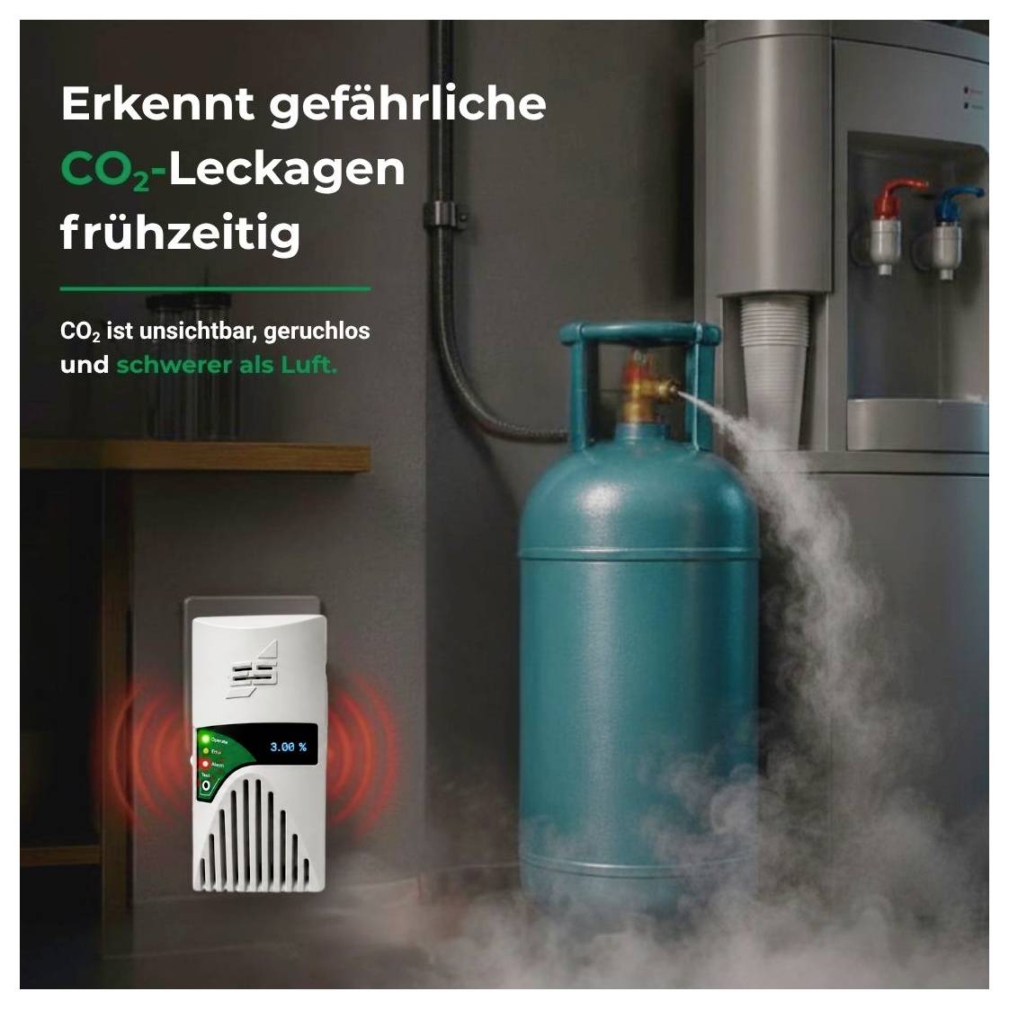 Warnhinweisgrafik: Ein Sensor erkennt eine CO2-Leckage an einer Gasflasche; Text betont, dass CO2 unsichtbar, geruchlos und schwerer als Luft ist.