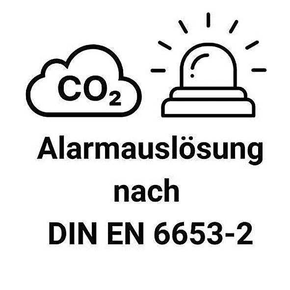 CO2-Cloud und Alarmsirene mit Text 'Alarmauslösung nach DIN EN 6653-2' auf weißem Hintergrund.