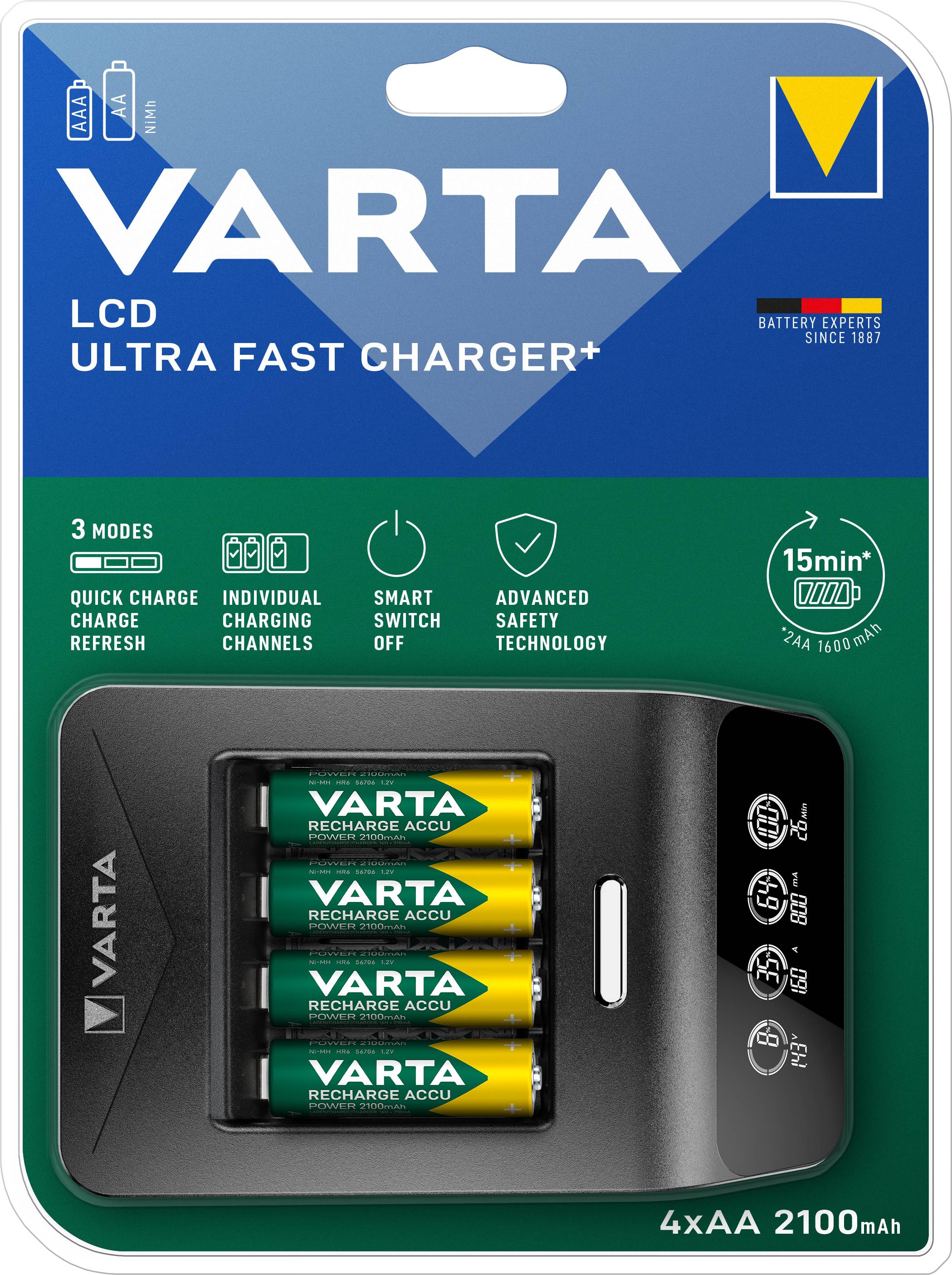 Varta LCD Ultra Fast Ch.+ 4x 56706 Rundzellen-Ladegerät NiMH Micro (AAA), Mignon (AA)