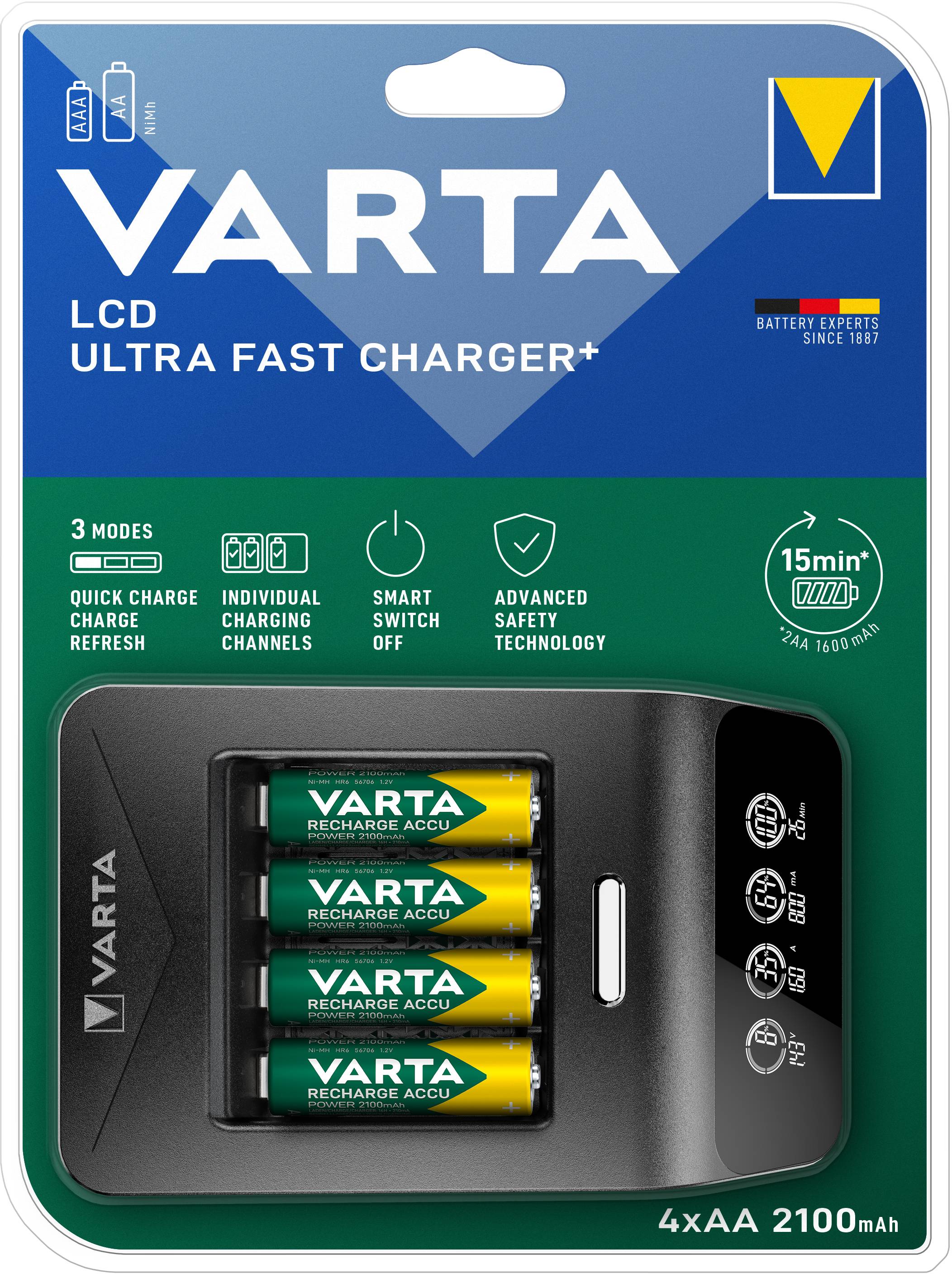 Varta LCD Ultra Fast Ch.+ 4x 56706 Rundzellen-Ladegerät NiMH Micro (AAA), Mignon (AA)