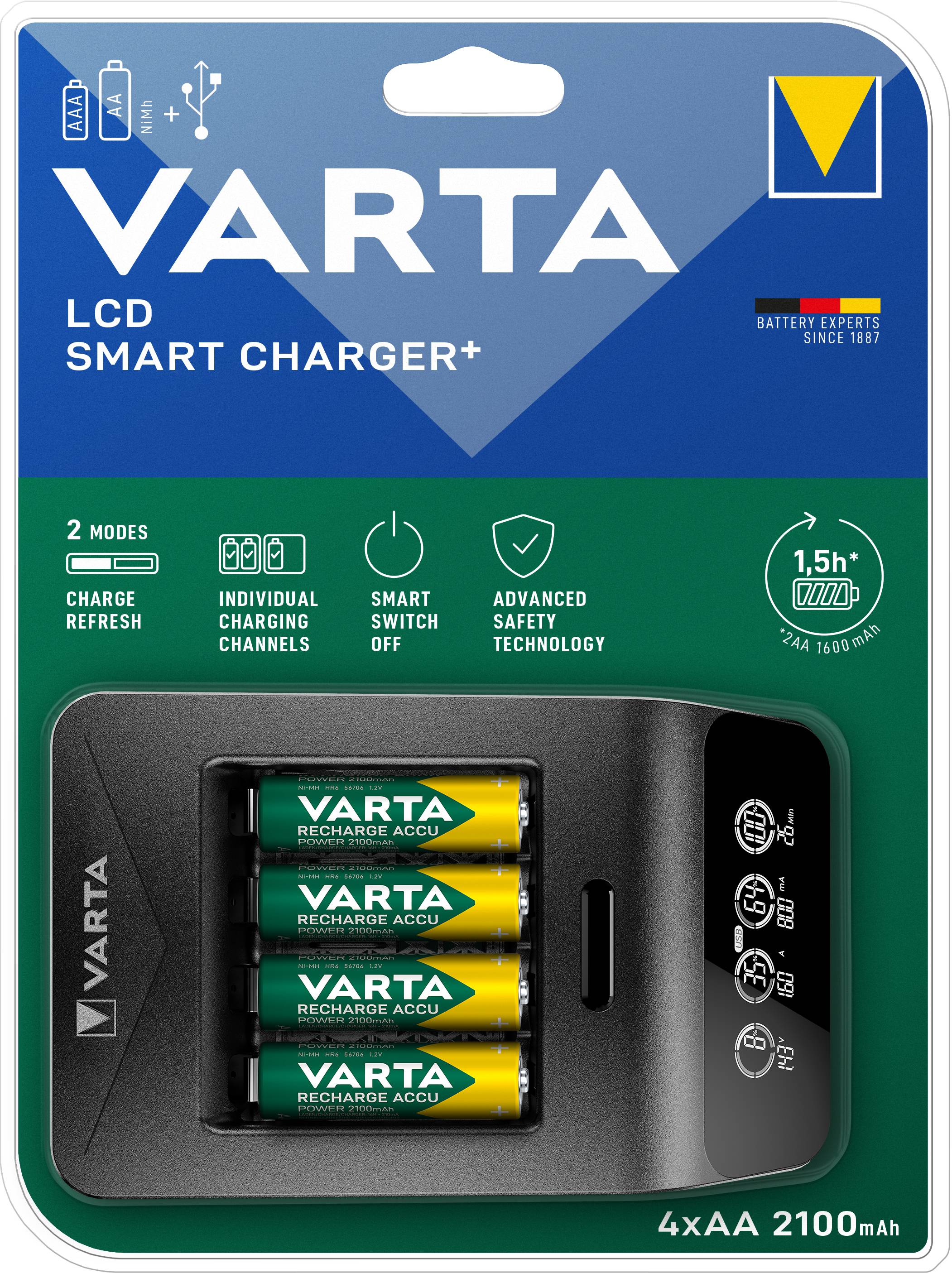 Varta LCD Smart Charger+ 4x 56706 Rundzellen-Ladegerät NiMH Micro (AAA), Mignon (AA)