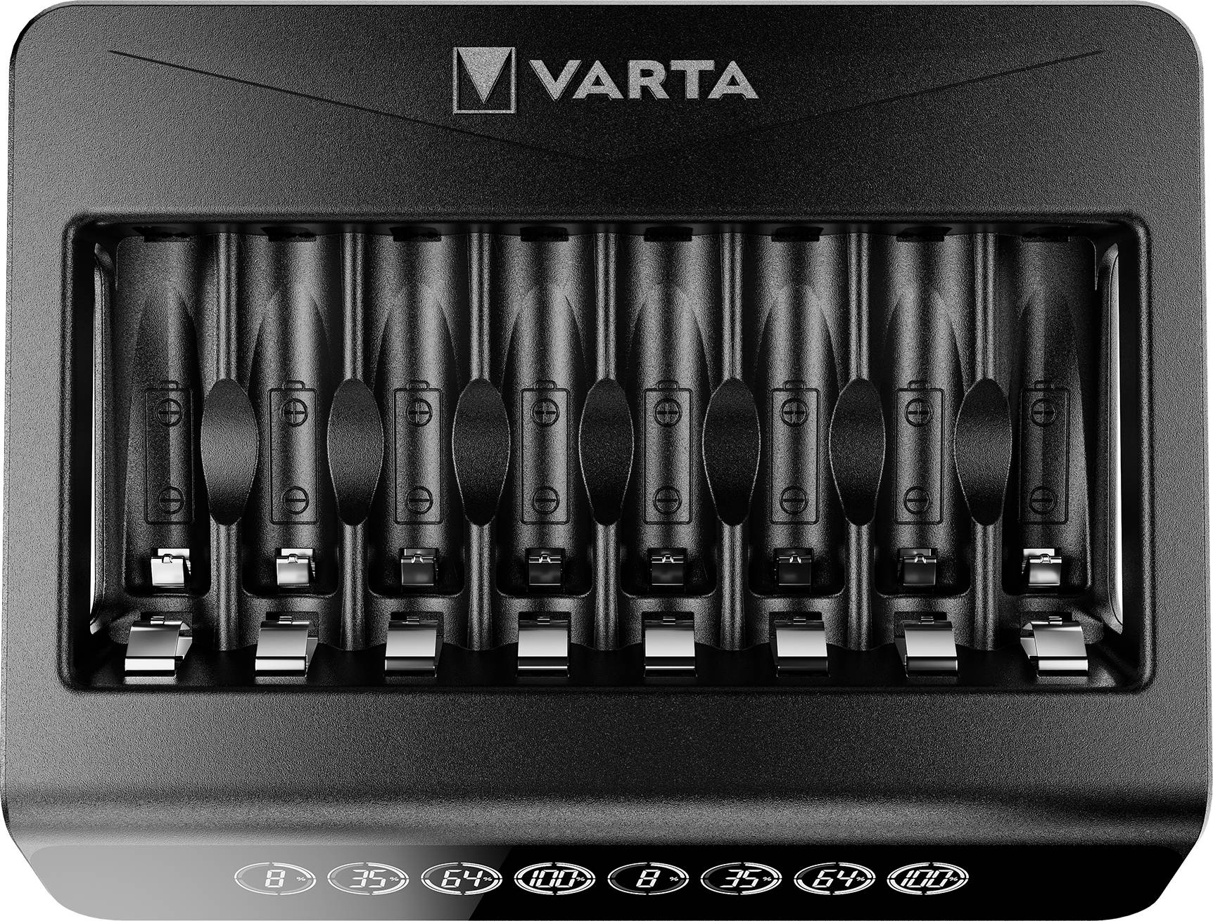 Ladegerät für wiederaufladbare Batterien mit der Bezeichnung 'VARTA', mit Einschüben, die kompatible Batteriegrößen anzeigen.