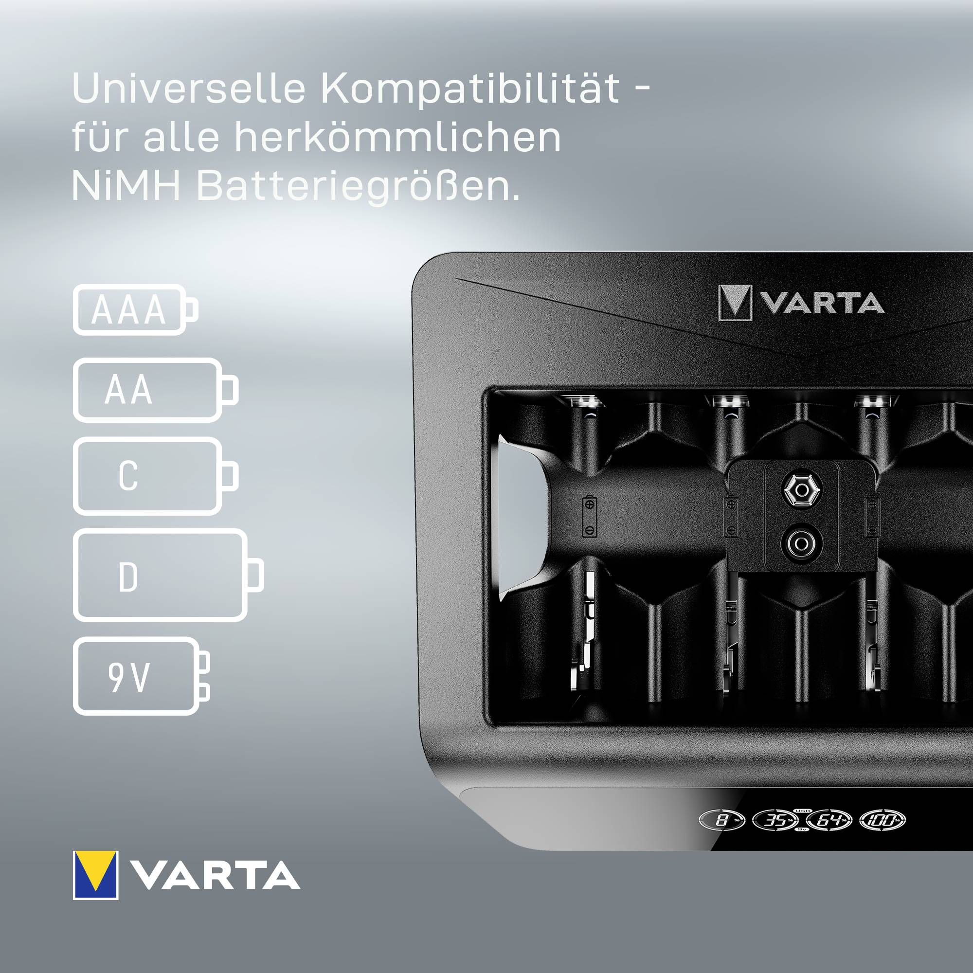 Varta LCD Universal Charger+ Rundzellen-Ladegerät NiMH Micro (AAA), Mignon (AA), Baby (C), Mono (D), 9V Block