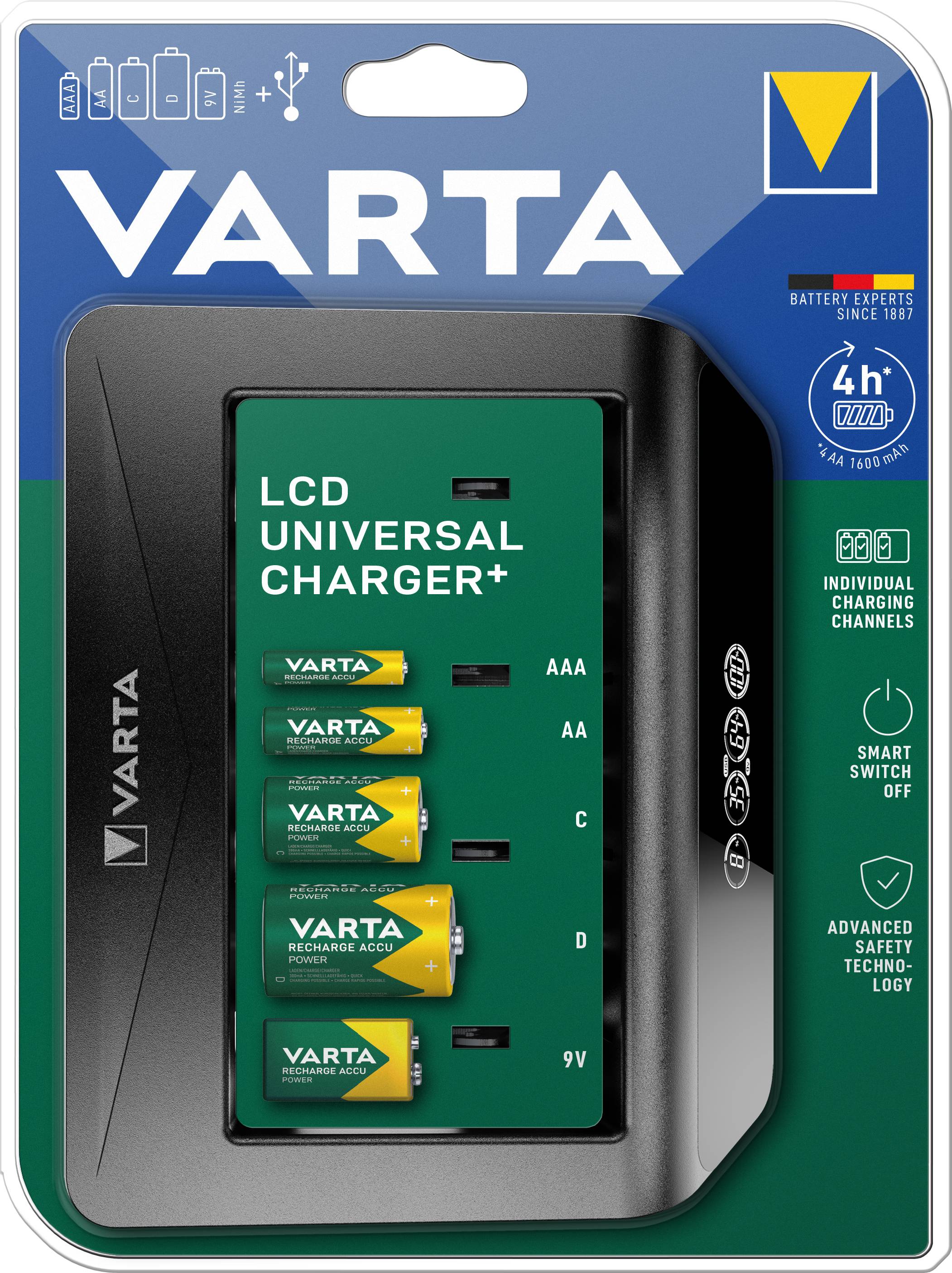 Varta LCD Universal Charger+ Rundzellen-Ladegerät NiMH Micro (AAA), Mignon (AA), Baby (C), Mono (D), 9V Block