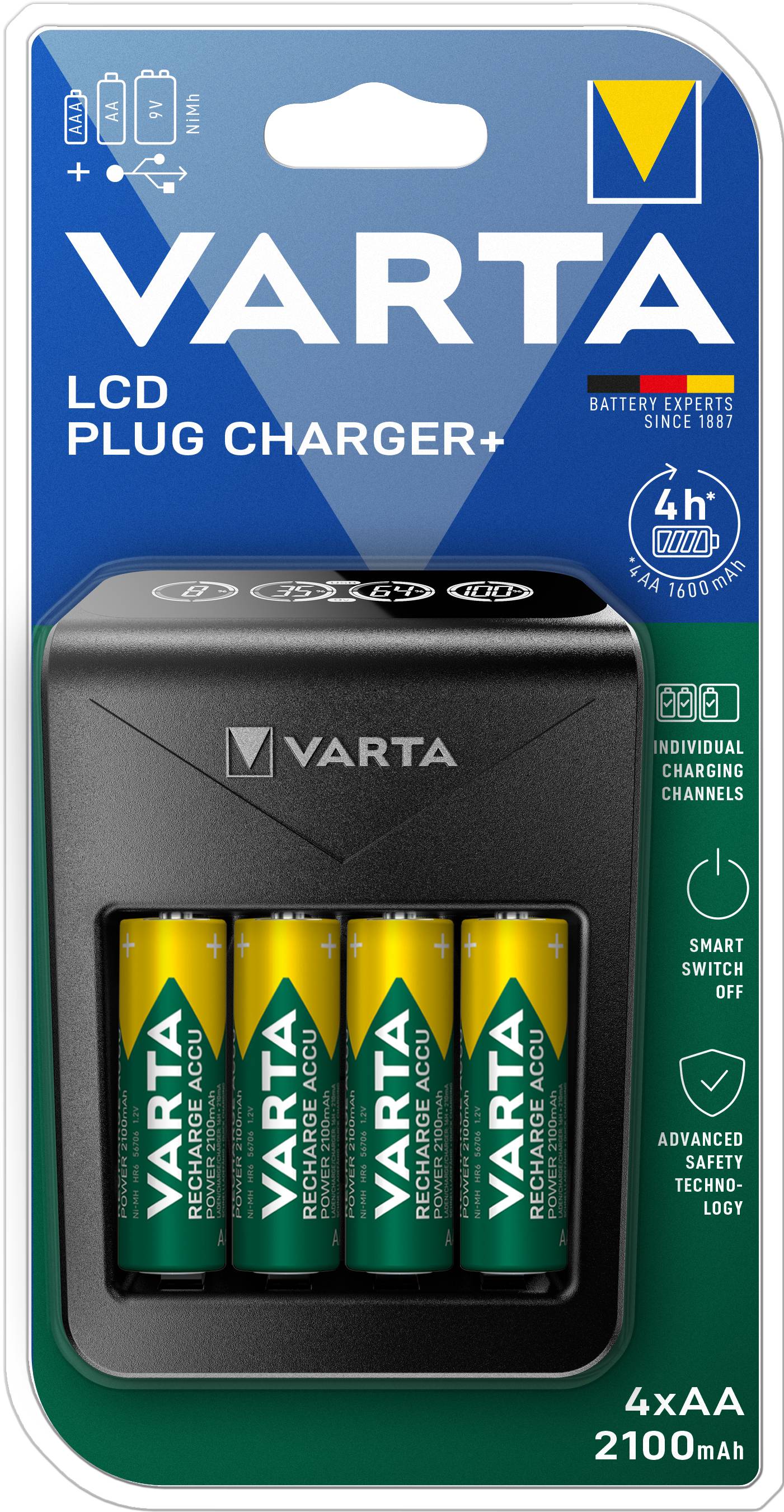 Varta LCD Plug Charger+ 4x 56706 Rundzellen-Ladegerät NiMH Micro (AAA), Mignon (AA), 9 V Block