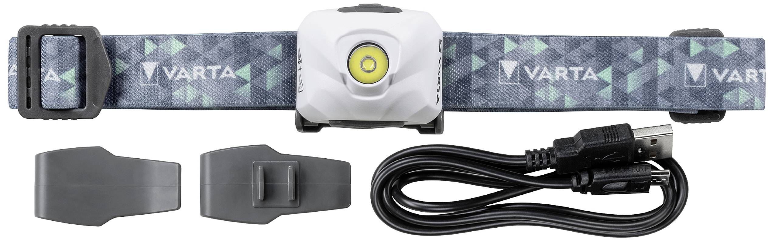 Stirnlampe von Varta mit Kopfband, zwei Halterungen und USB-Ladekabel, abgebildet auf weißem Hintergrund.