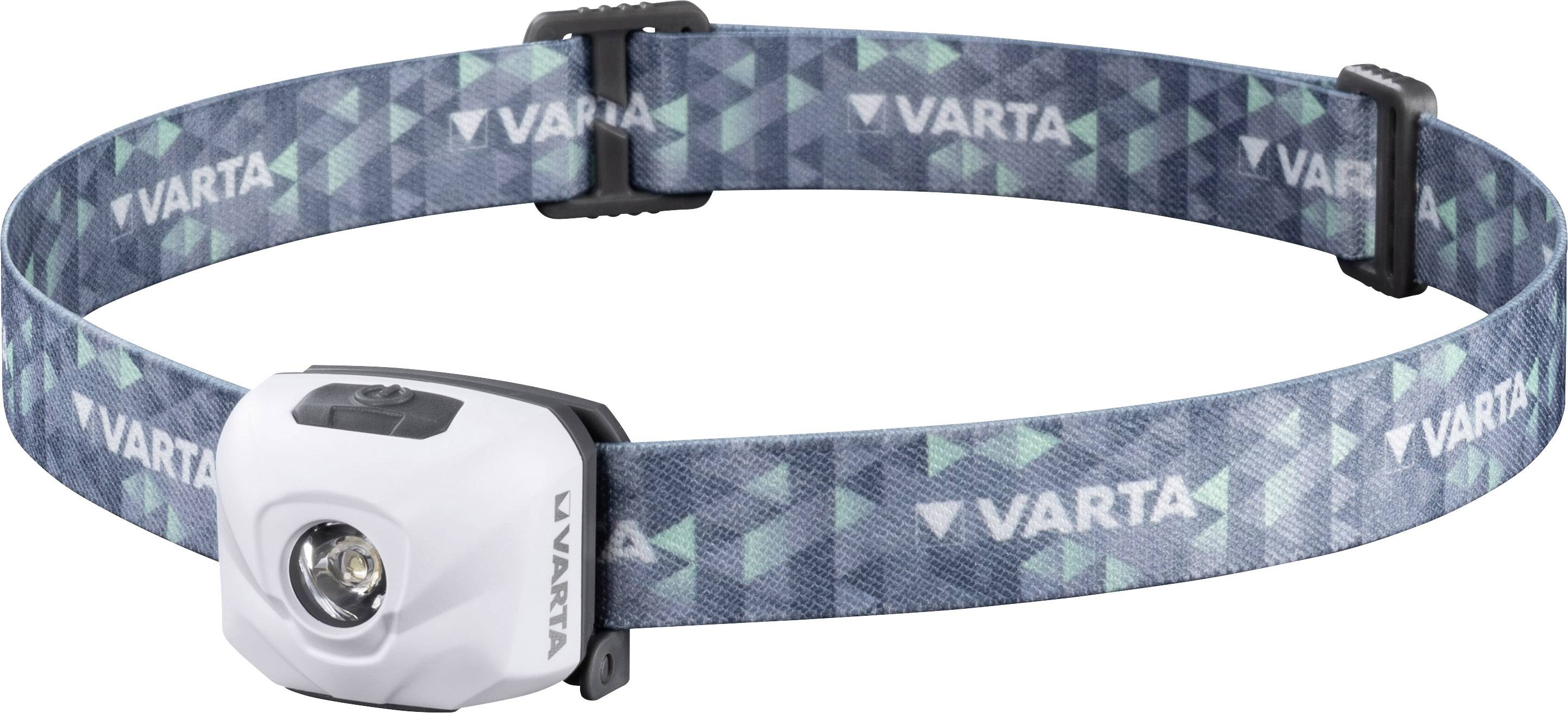 'Varta'-Stirnlampe mit weißem LED-Licht und gemustertem, blau-grünem elastischem Band für handfreies Arbeiten bei Dunkelheit.