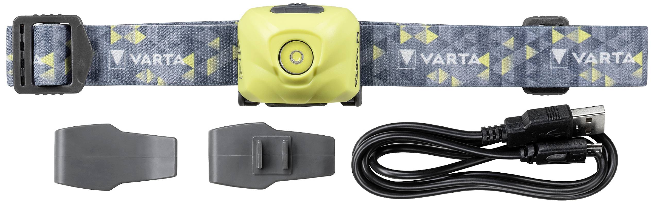 Gelb-schwarze Stirnlampe mit 'Varta'-Logo, zwei graue Halterungen und ein schwarzes USB-Kabel.