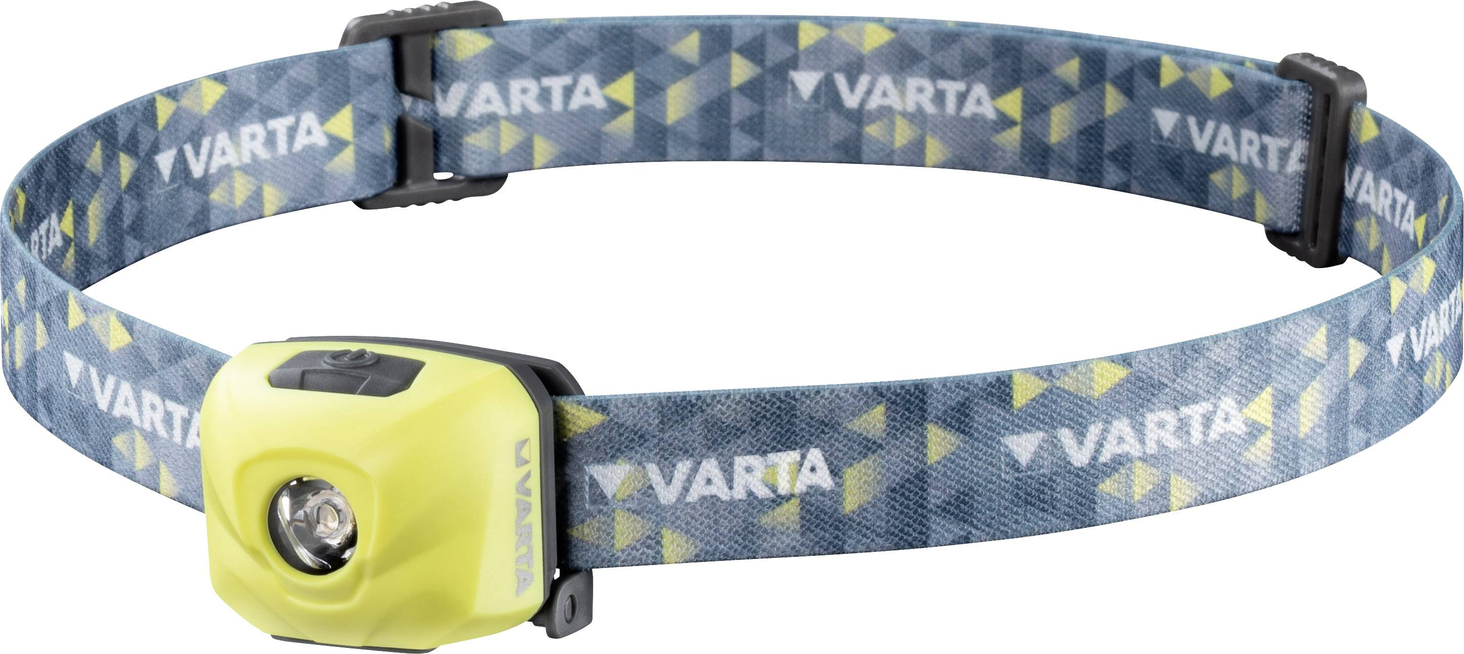 Gelbe Stirnlampe mit blauem, gemustertem Band, auf dem 'VARTA' steht. Hauptlicht vorne, verstellbares Band für sicheren Sitz.