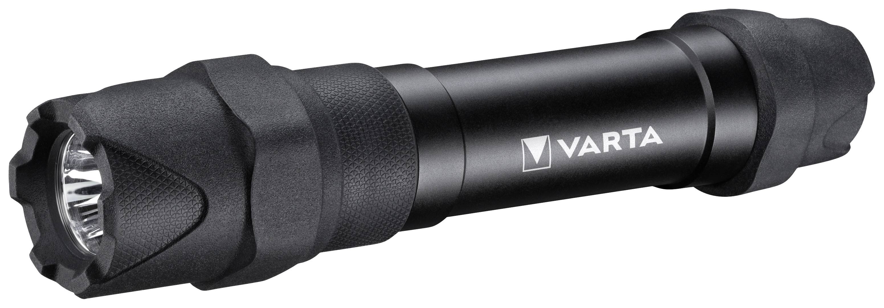 Eine schwarze Taschenlampe mit der Aufschrift 'Varta' auf der Seite.