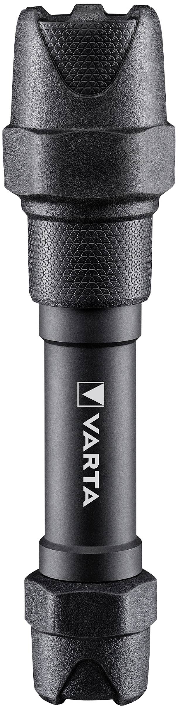 Schwarze Taschenlampe mit VARTA-Logo, robustes Gehäuse, geeignet für Outdoor-Aktivitäten.