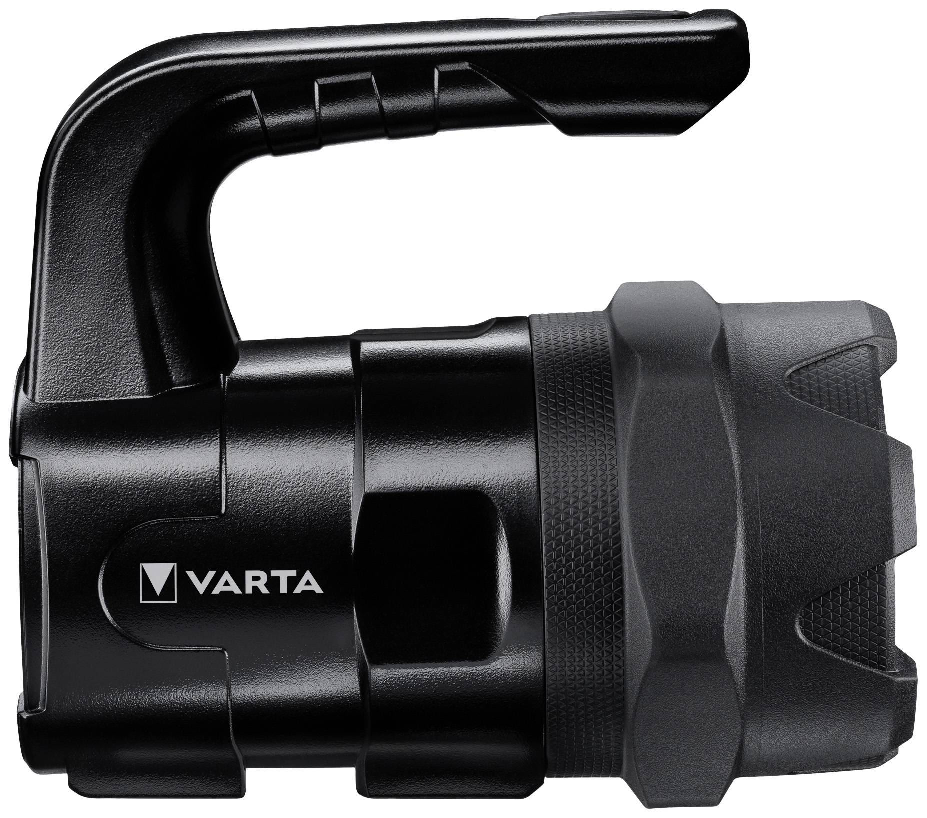 Schwarze Varta-Taschenlampe mit ergonomischem Griff, robustem Design und fokussierbarem Lichtstrahl.