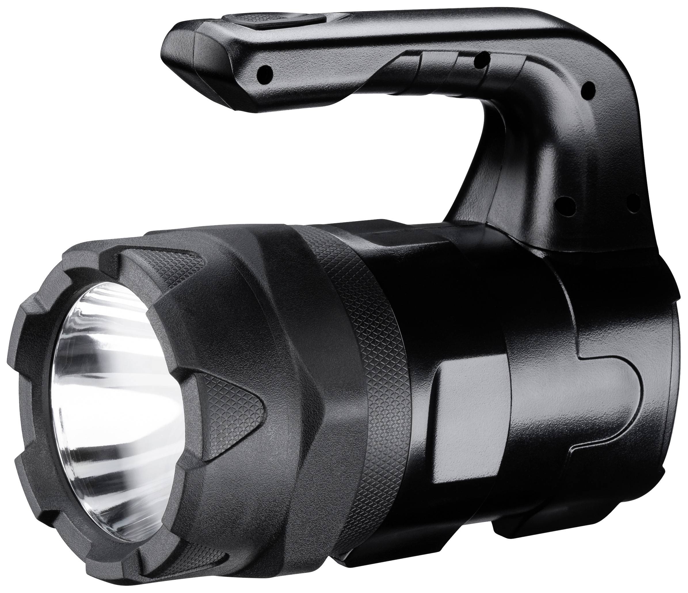 Schwarze, robuste Taschenlampe mit ergonomischem Griff. Eignet sich für Outdoor-Aktivitäten und Notfälle durch starke Beleuchtung.