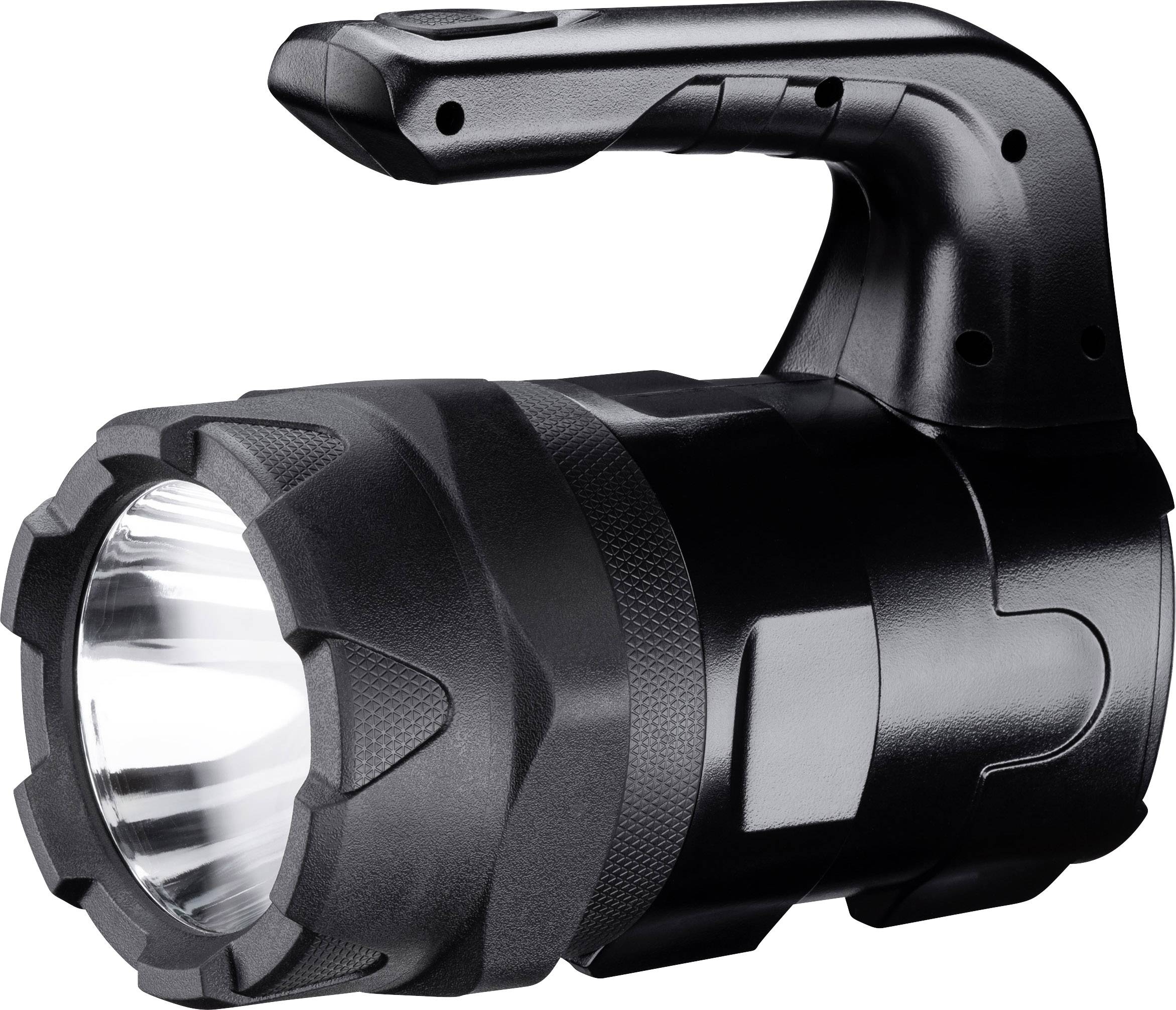 Eine schwarze, kompakte Taschenlampe mit kräftigem Griff und breitem Lichtkegel. Ideal für Outdoor-Nutzung in dunklen Umgebungen.
