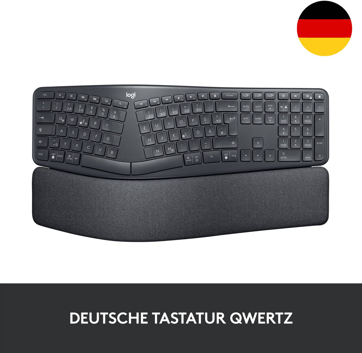 Logitech ERGO K860 Kabellos Tastatur Deutsch, QWERTZ Schwarz Geteilte Tastatur, Ergonomisch, Handballenauflage, Schmutzabweisend