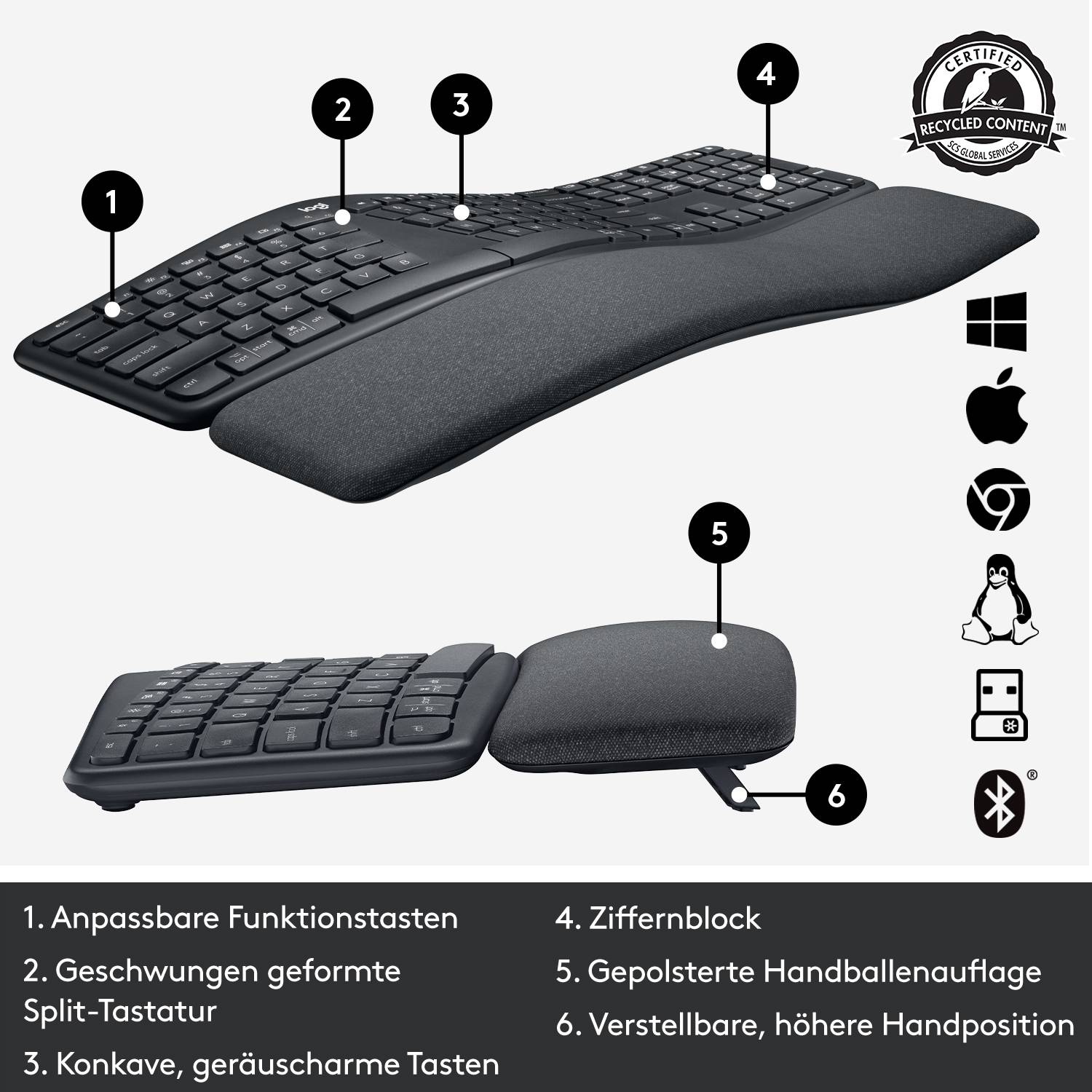 Logitech ERGO K860 Kabellos Tastatur Deutsch, QWERTZ Schwarz Geteilte Tastatur, Ergonomisch, Handballenauflage, Schmutzabweisend