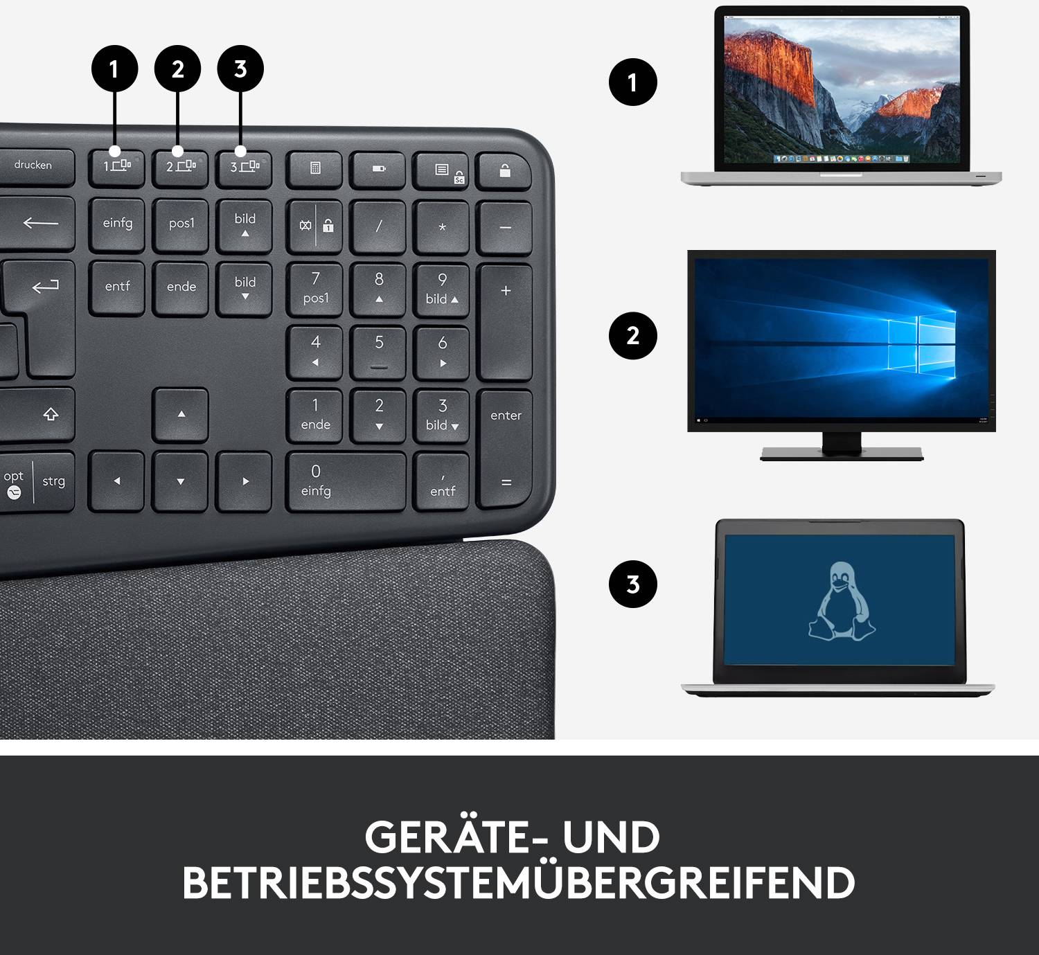 Logitech ERGO K860 Kabellos Tastatur Deutsch, QWERTZ Schwarz Geteilte Tastatur, Ergonomisch, Handballenauflage, Schmutzabweisend