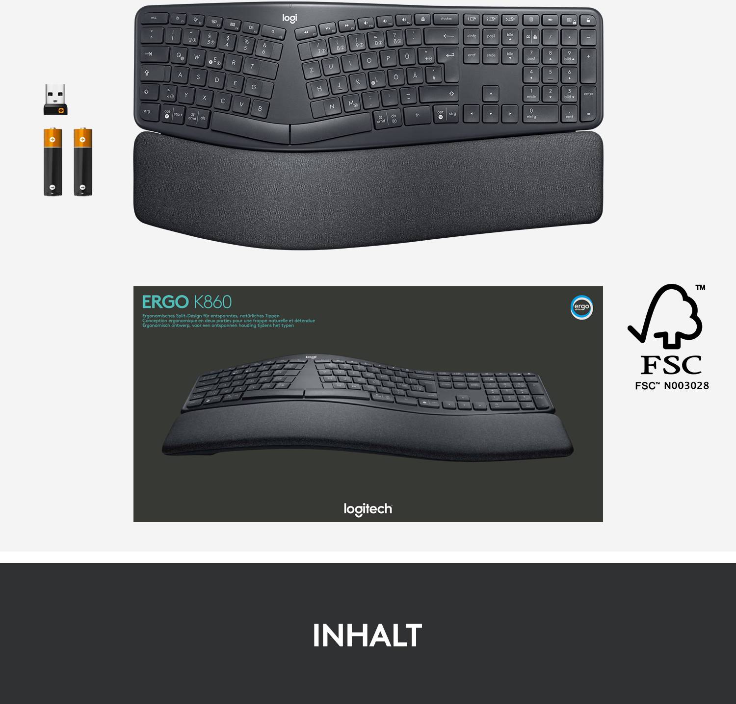 Logitech ERGO K860 Kabellos Tastatur Deutsch, QWERTZ Schwarz Geteilte Tastatur, Ergonomisch, Handballenauflage, Schmutzabweisend