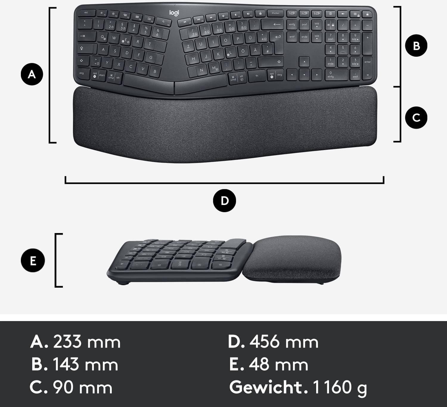 Logitech ERGO K860 Kabellos Tastatur Deutsch, QWERTZ Schwarz Geteilte Tastatur, Ergonomisch, Handballenauflage, Schmutzabweisend