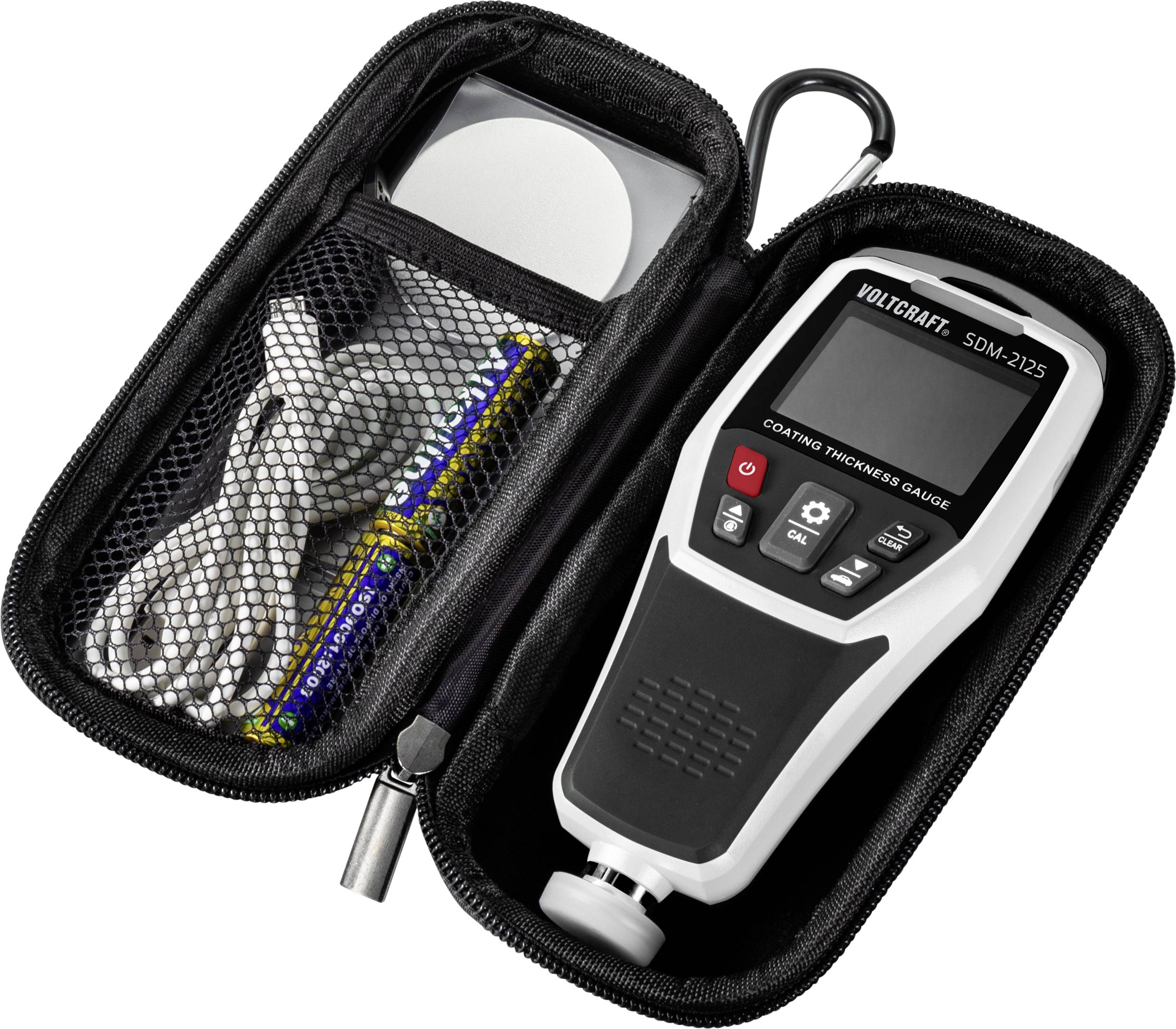 CSD-2125 Dichtemessgerät mit Zubehör, einschließlich Batterien und Kabel in einer schwarzen Schutztasche mit Reißverschluss.