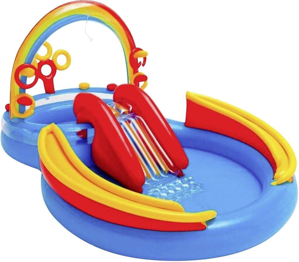 Aufblasbarer Kinderpool mit Rutsche, Regenbogenbogen und bunten Ringen. Geeignet zum Spielen und Planschen im Garten.