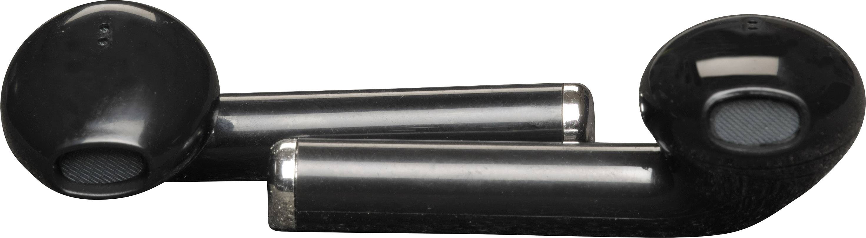 Schwarze kabellose Ohrhörer mit glänzender Oberfläche, horizontal nebeneinander liegend.