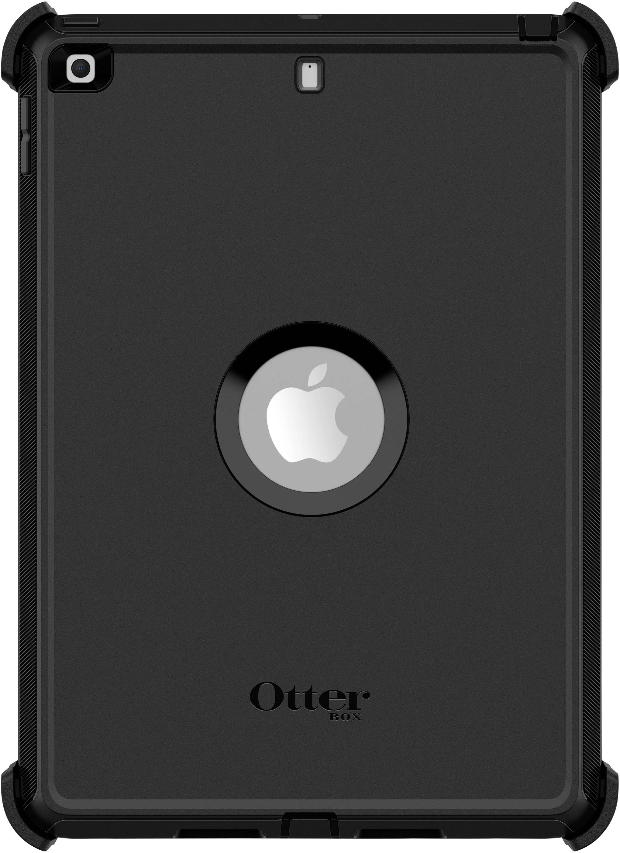 Ein schwarzes Tablet-Gehäuse mit einem runden Ausschnitt, der ein Apfellogo zeigt. Markenname 'Otter' unten auf der Rückseite.