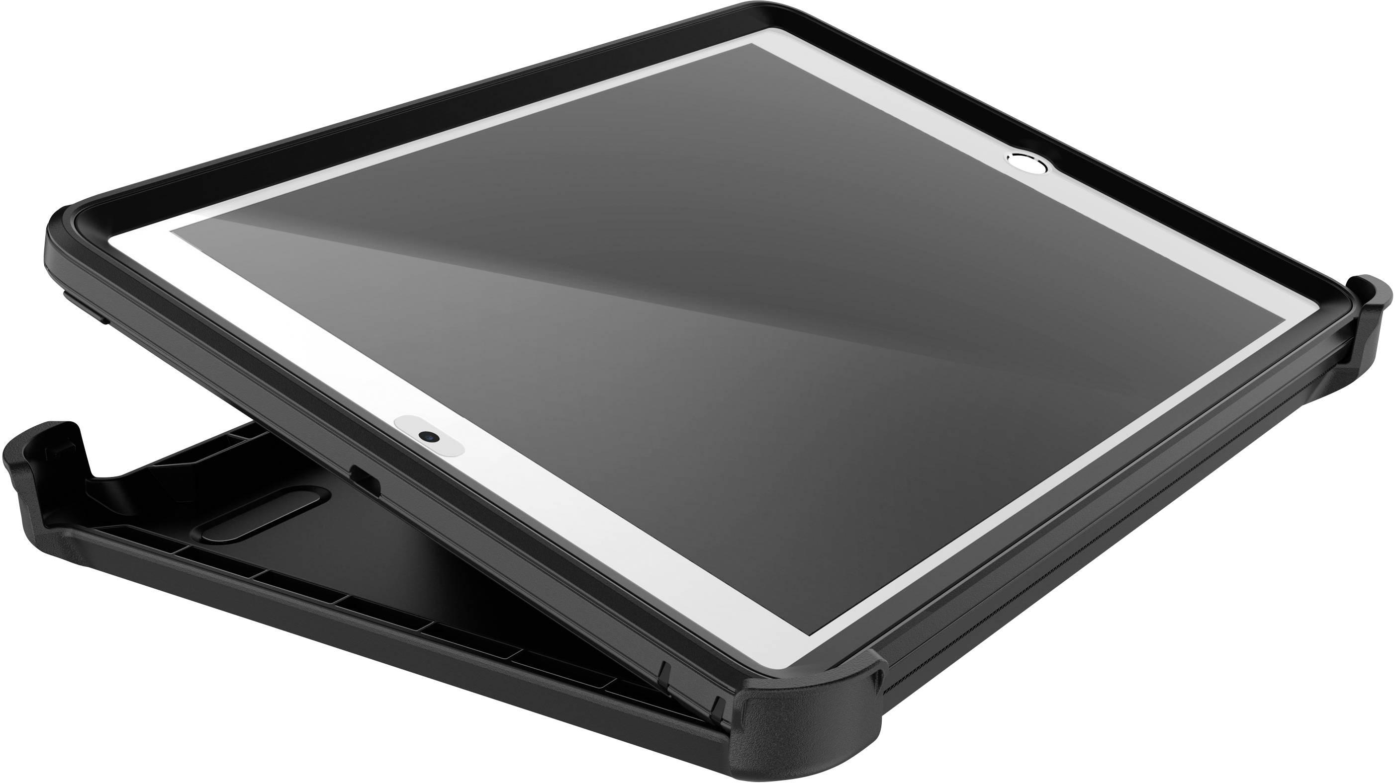 Offenes, schwarzes Etui mit einem Tablet. Das Etui hat eine robuste Hülle, die das Gerät schützt. Das Tablet-Bildschirm ist ausgeschaltet.