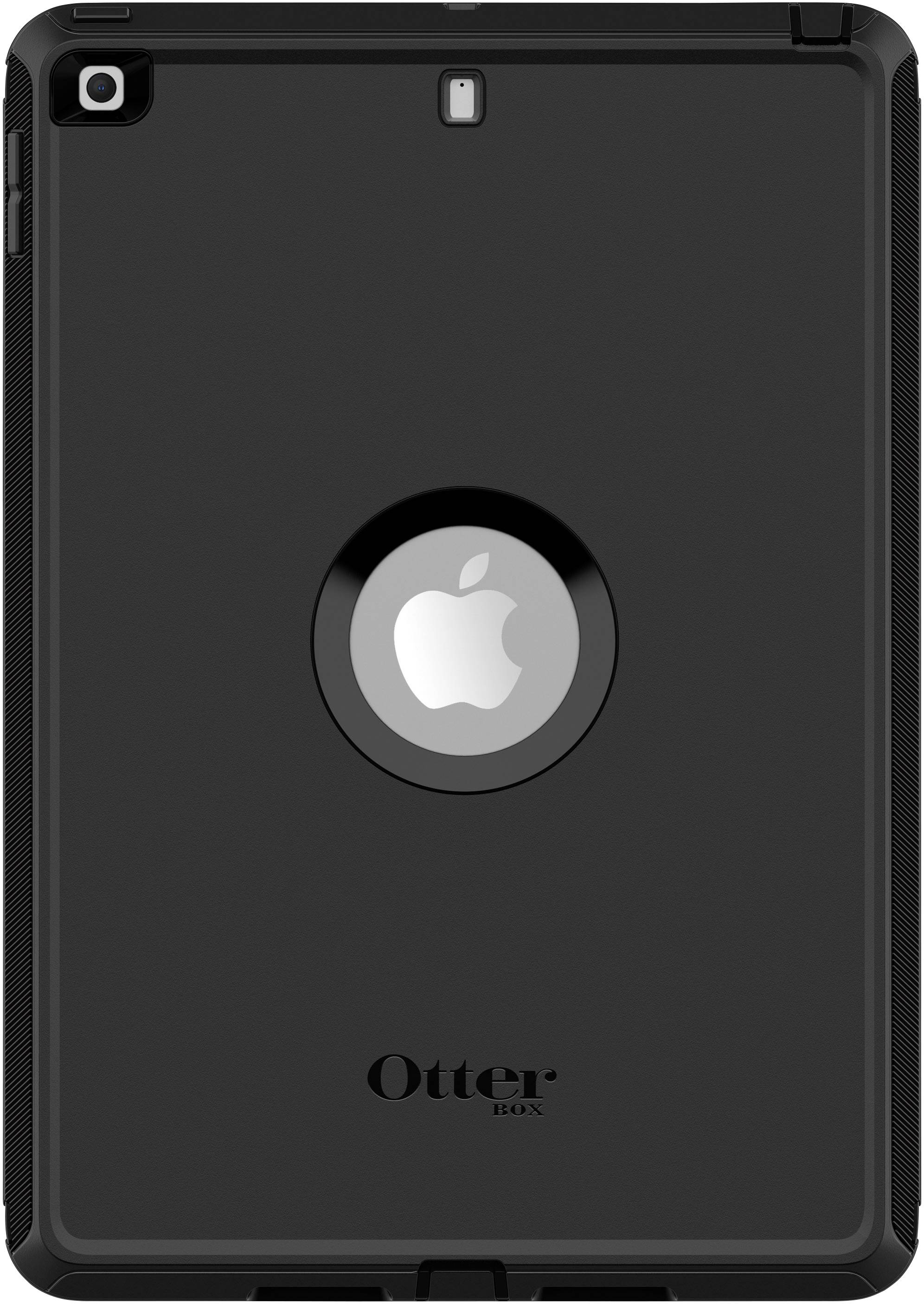 Schwarzes OtterBox-Tabletgehäuse mit kreisförmigem Ausschnitt, das ein weißes Apfel-Logo zeigt.