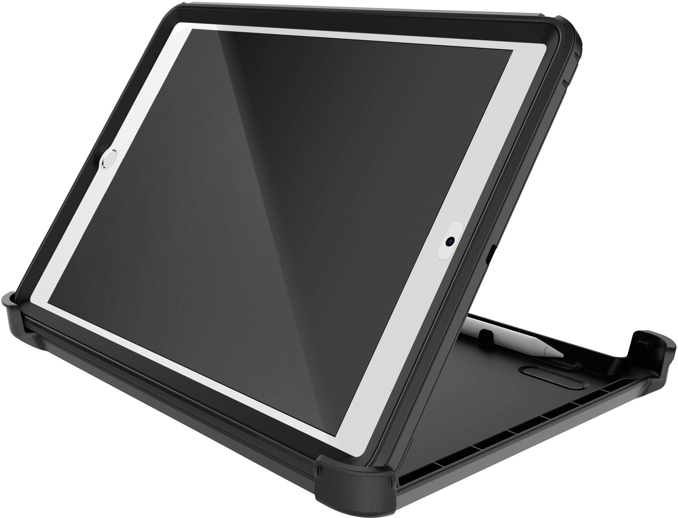 Ein schwarzes Tablet in einer schützenden Hülle mit integriertem Ständer, das in einem leichten Winkel geneigt ist.