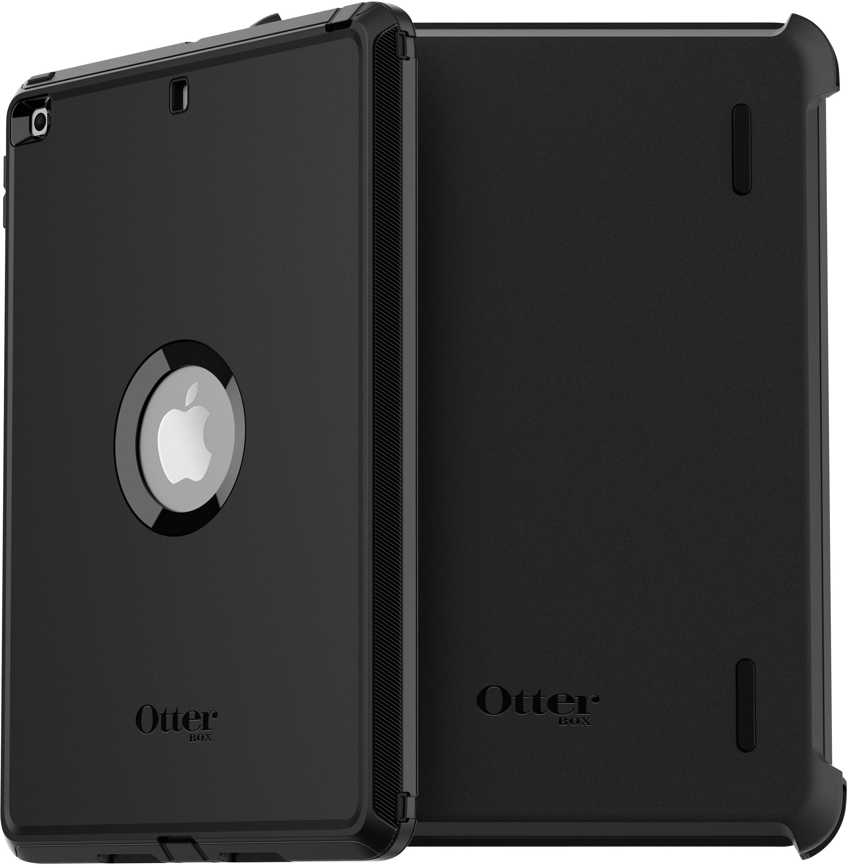 Ein schwarzes iPad-Gehäuse von Otterbox mit robustem Schutzdesign, das die Rückseite des Geräts zeigt. Das Apple-Logo ist sichtbar.