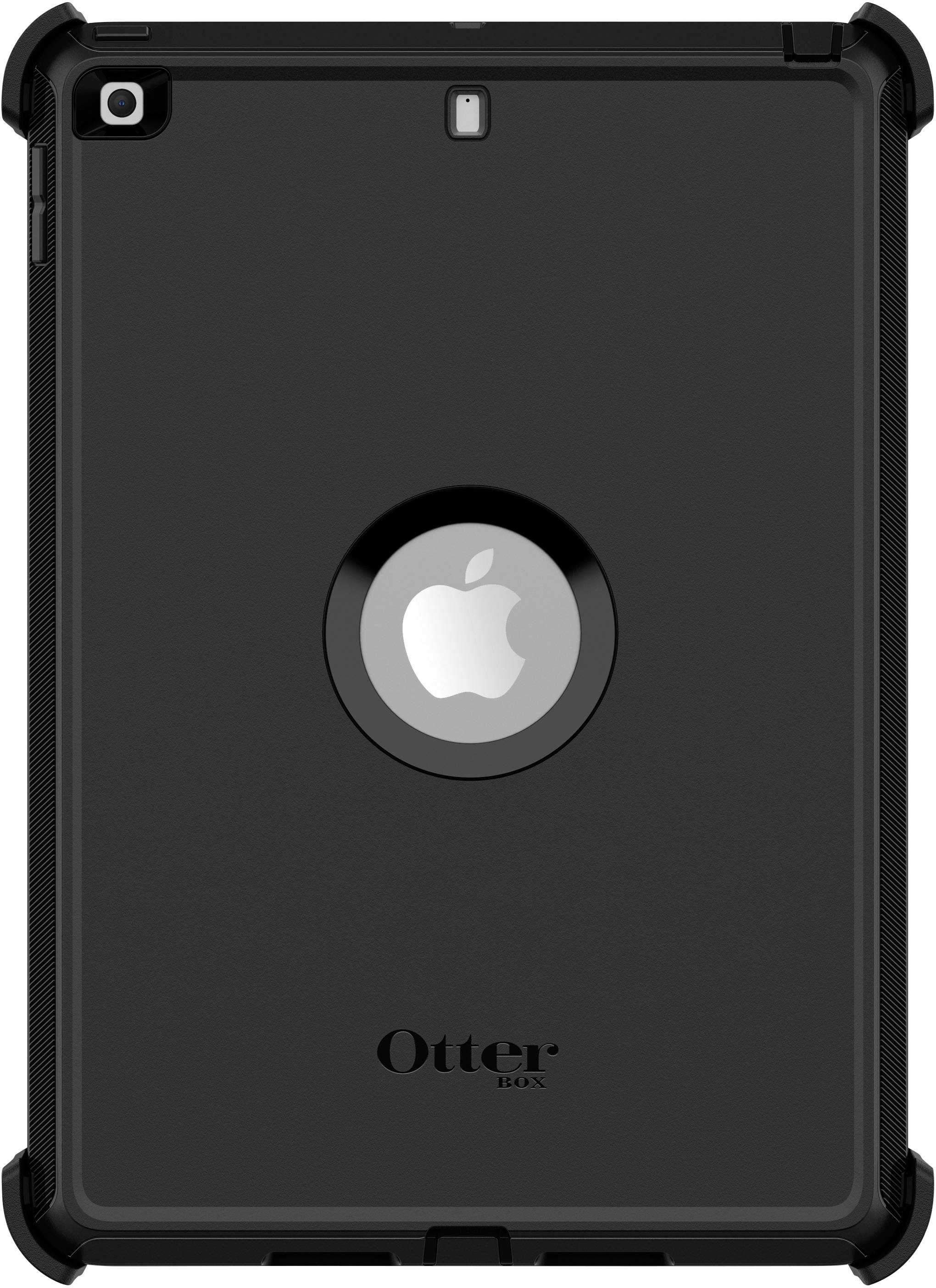 Ein schwarzes Tablet mit robustem Gehäuse, zeigt das Apple-Logo in der Mitte und den Markennamen 'OtterBox' unten.