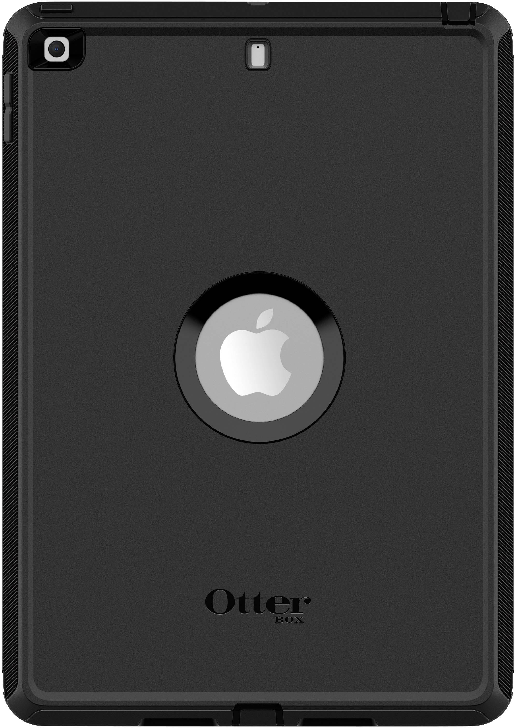 Eine schwarze Schutzhülle für ein Tablet, mit einer runden Aussparung, die das Apple-Logo sichtbar lässt. Markenname 'Otter' am unteren Rand.