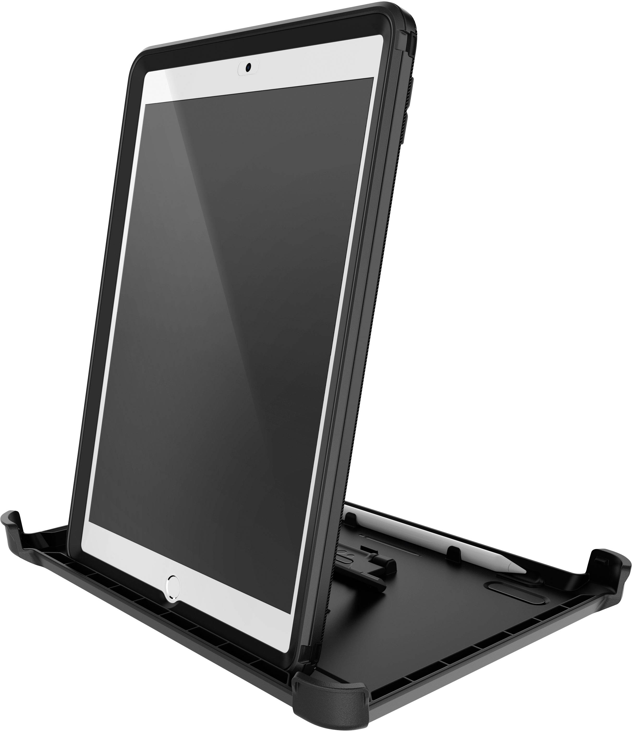 Ein Tablet in einer robusten schwarzen Schutzhülle steht aufrecht. Die Hülle bietet zusätzlichen Schutz und Stabilität für das Gerät.
