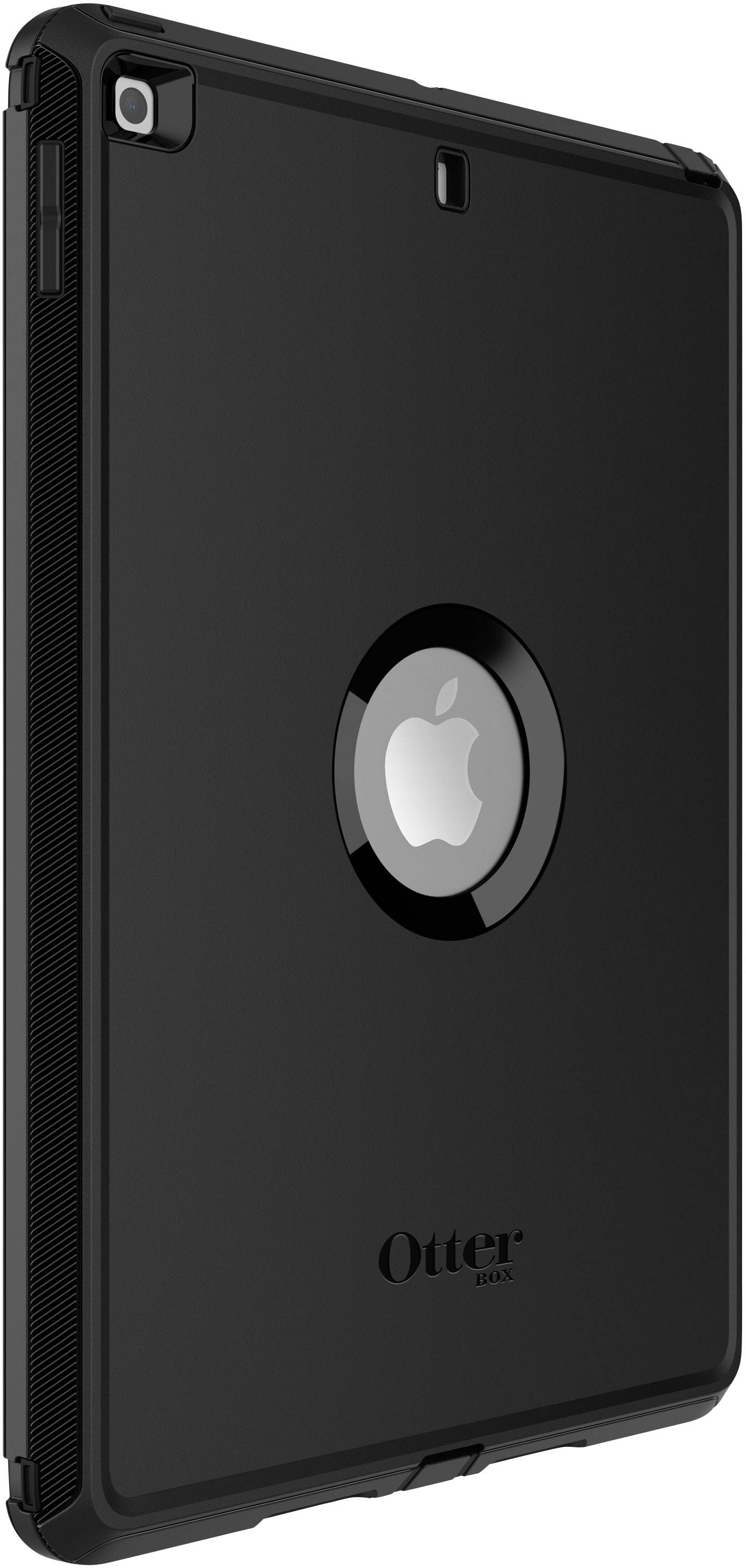 Eine schwarze Tablet-Schutzhülle mit einem runden Ausschnitt, der ein Apple-Logo sichtbar macht.